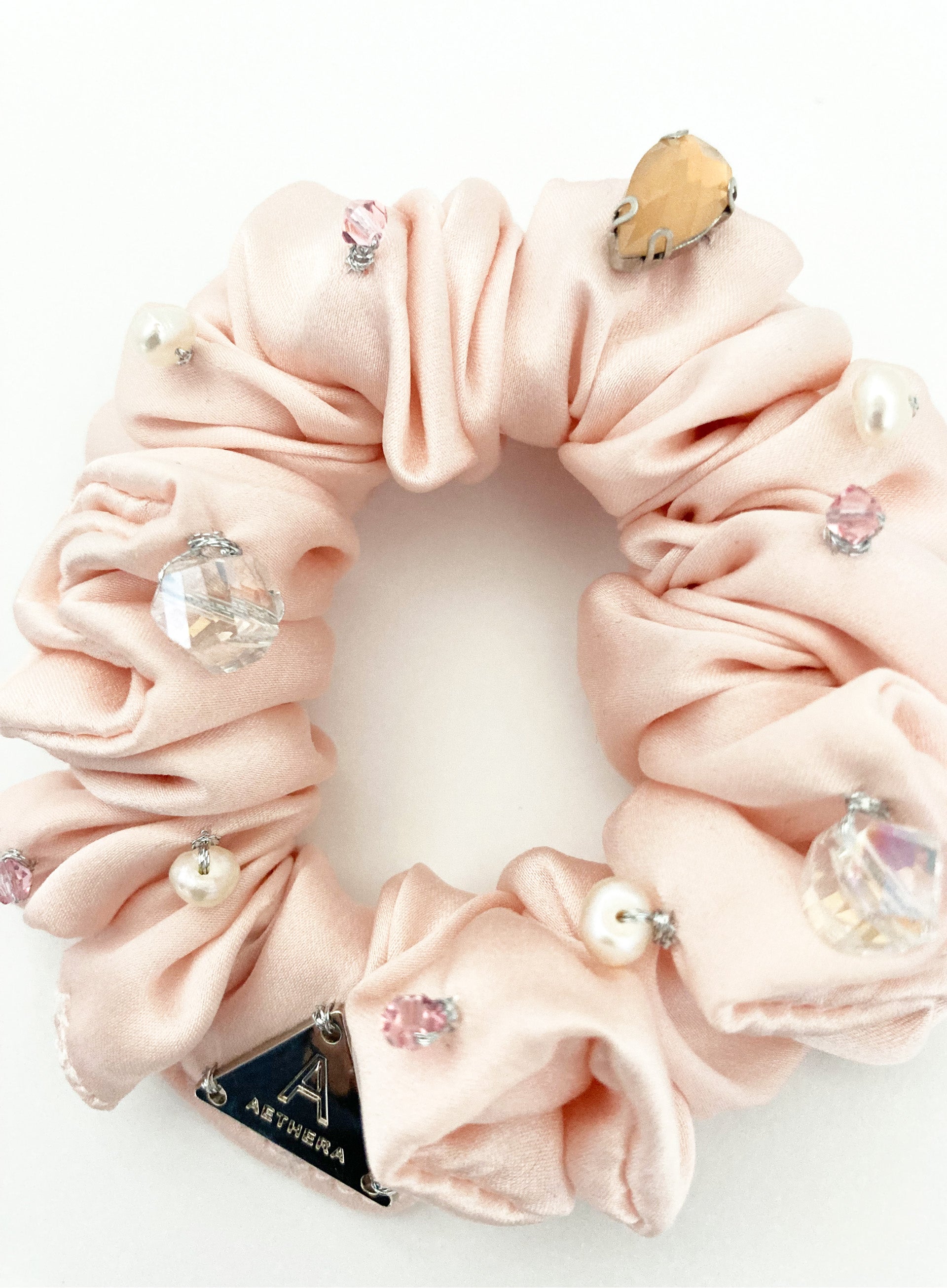 Pink Embellished Silk Scrunchie Set