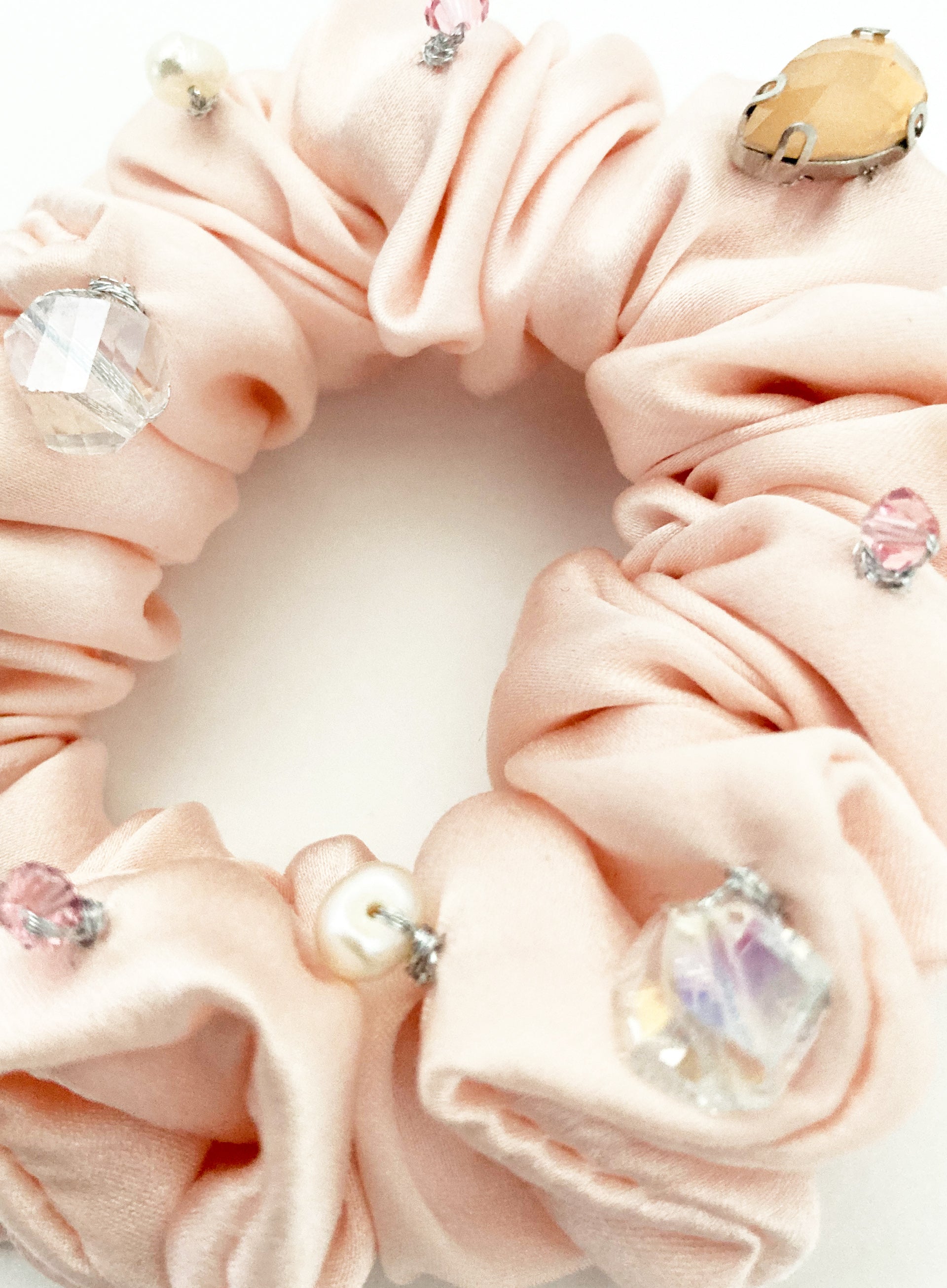 Pink Embellished Silk Scrunchie Set