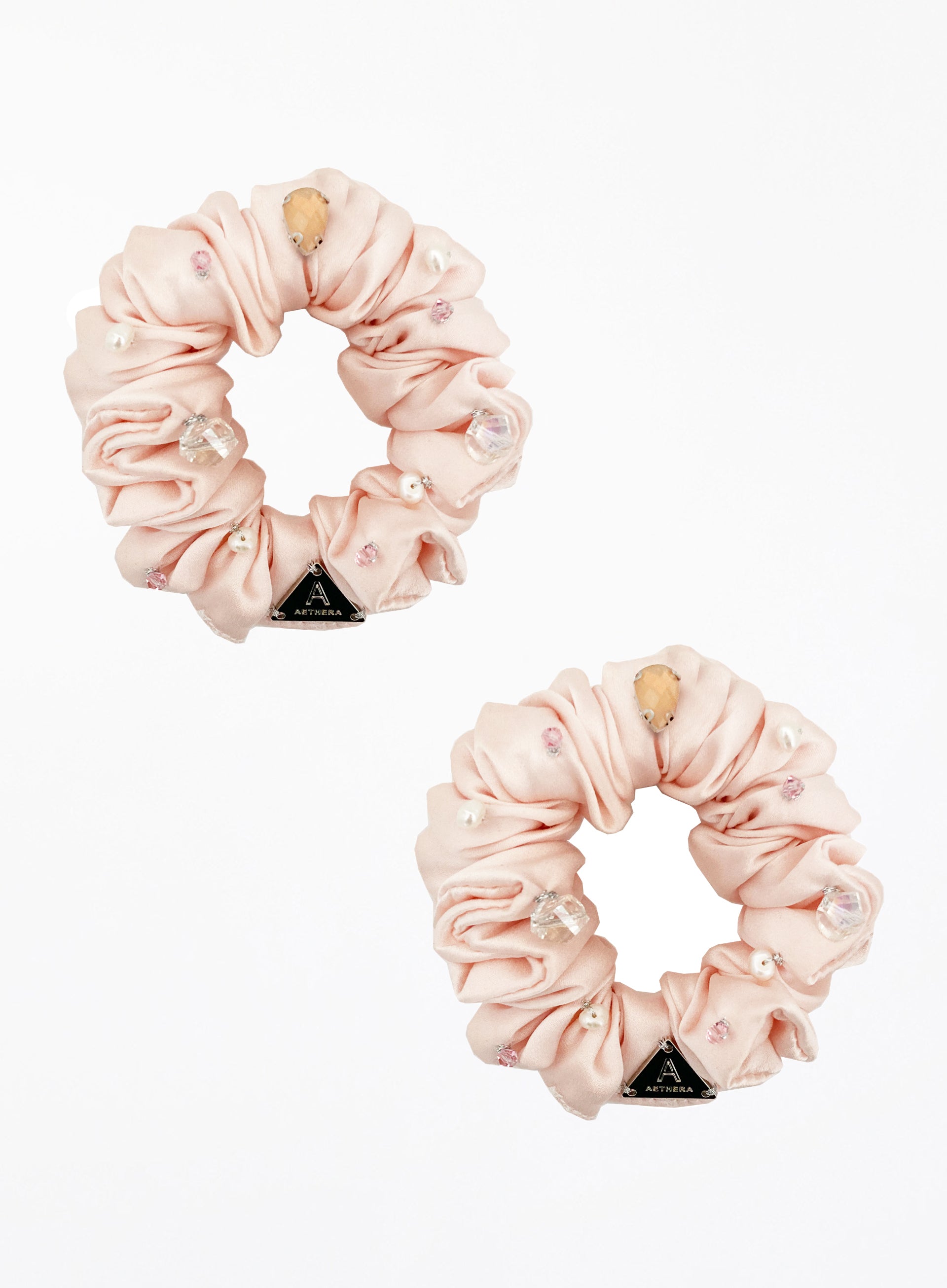 Pink Embellished Silk Scrunchie Set