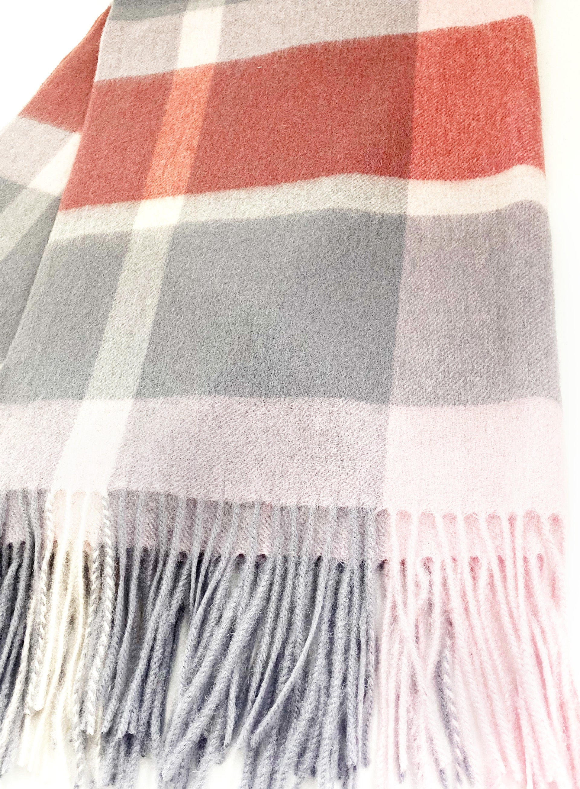 Pink Checked Fringed Wool Scarf