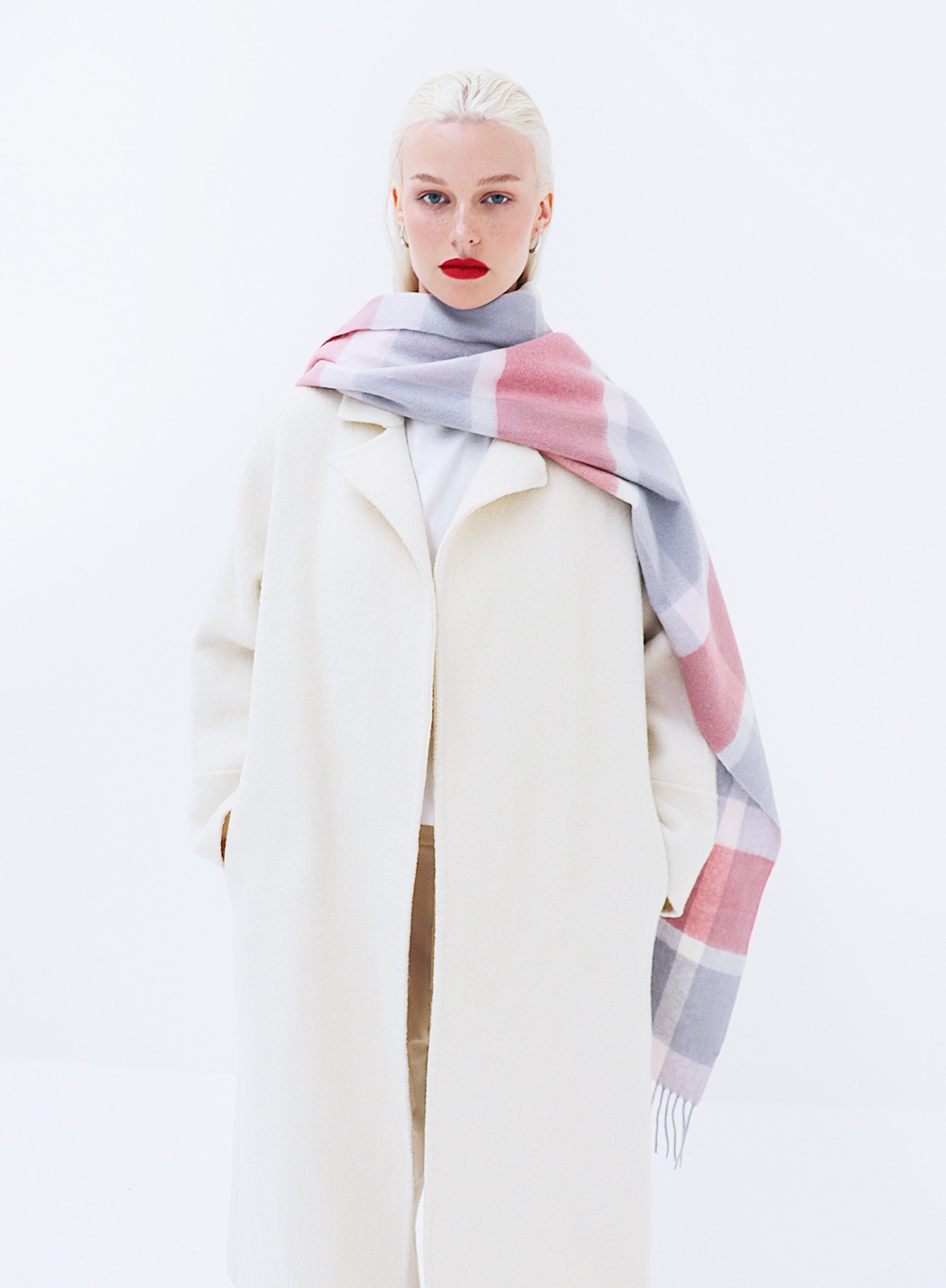 Pink Checked Fringed Wool Scarf