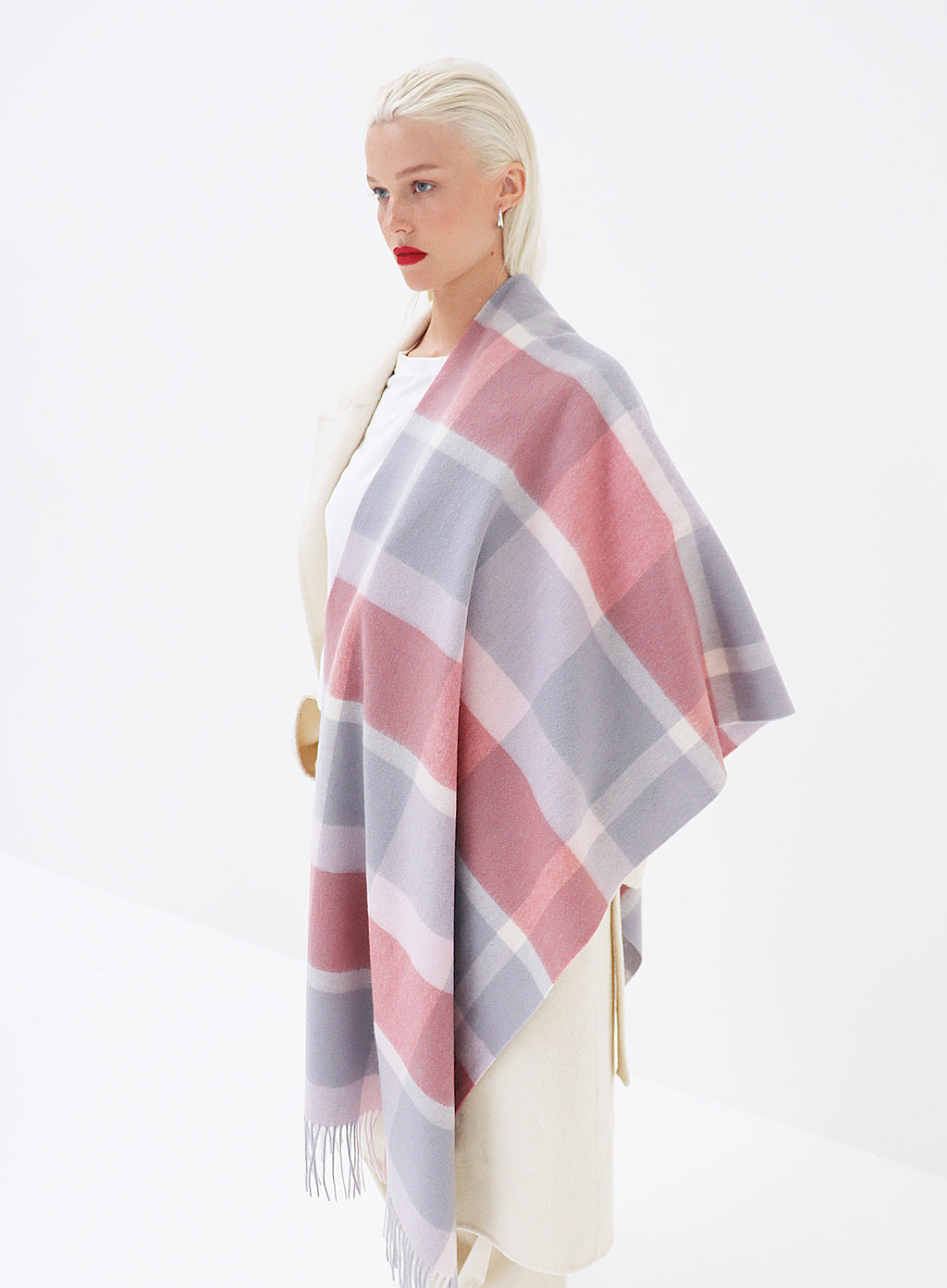 Pink Checked Fringed Wool Scarf