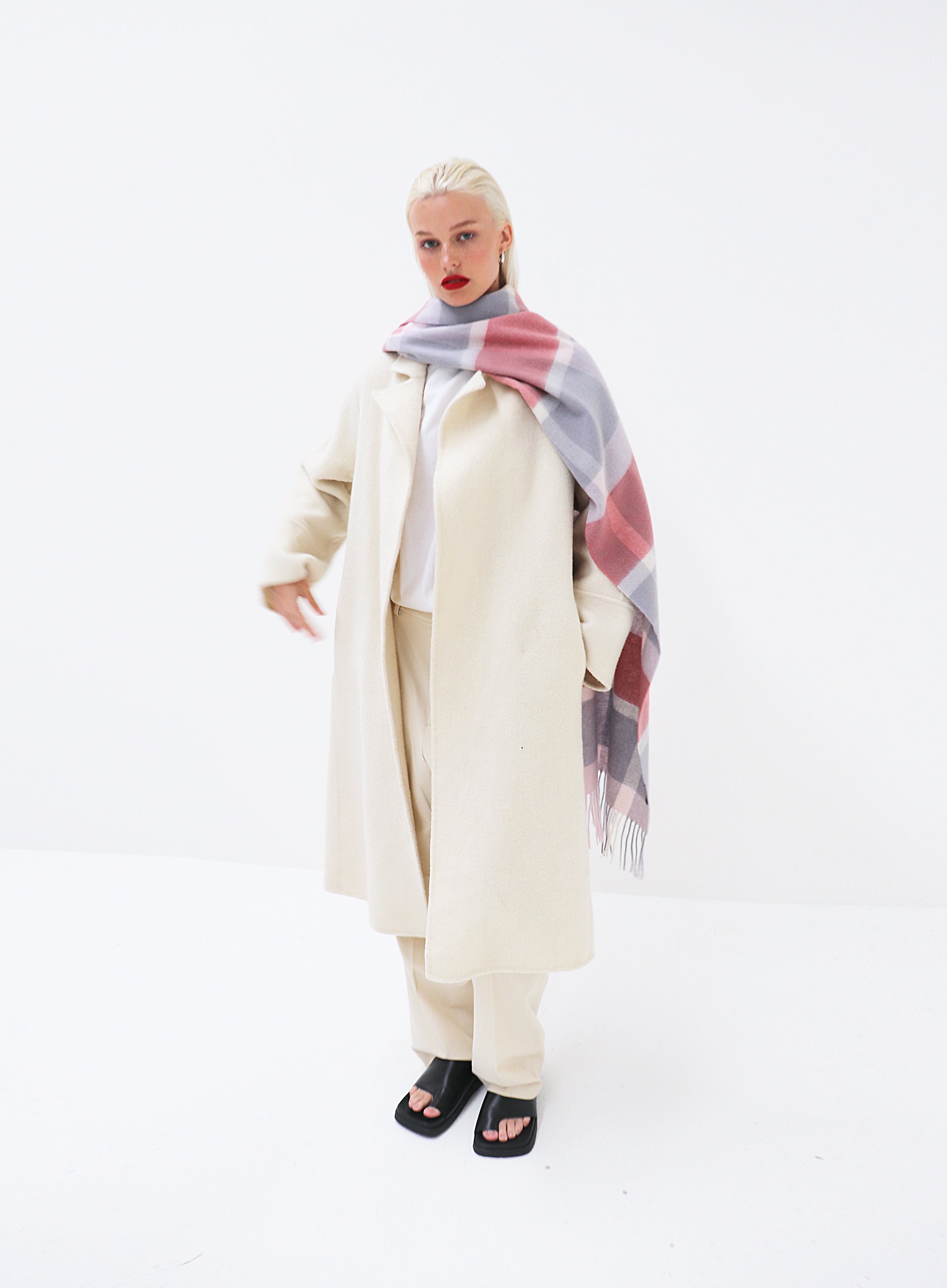 Pink Checked Fringed Wool Scarf