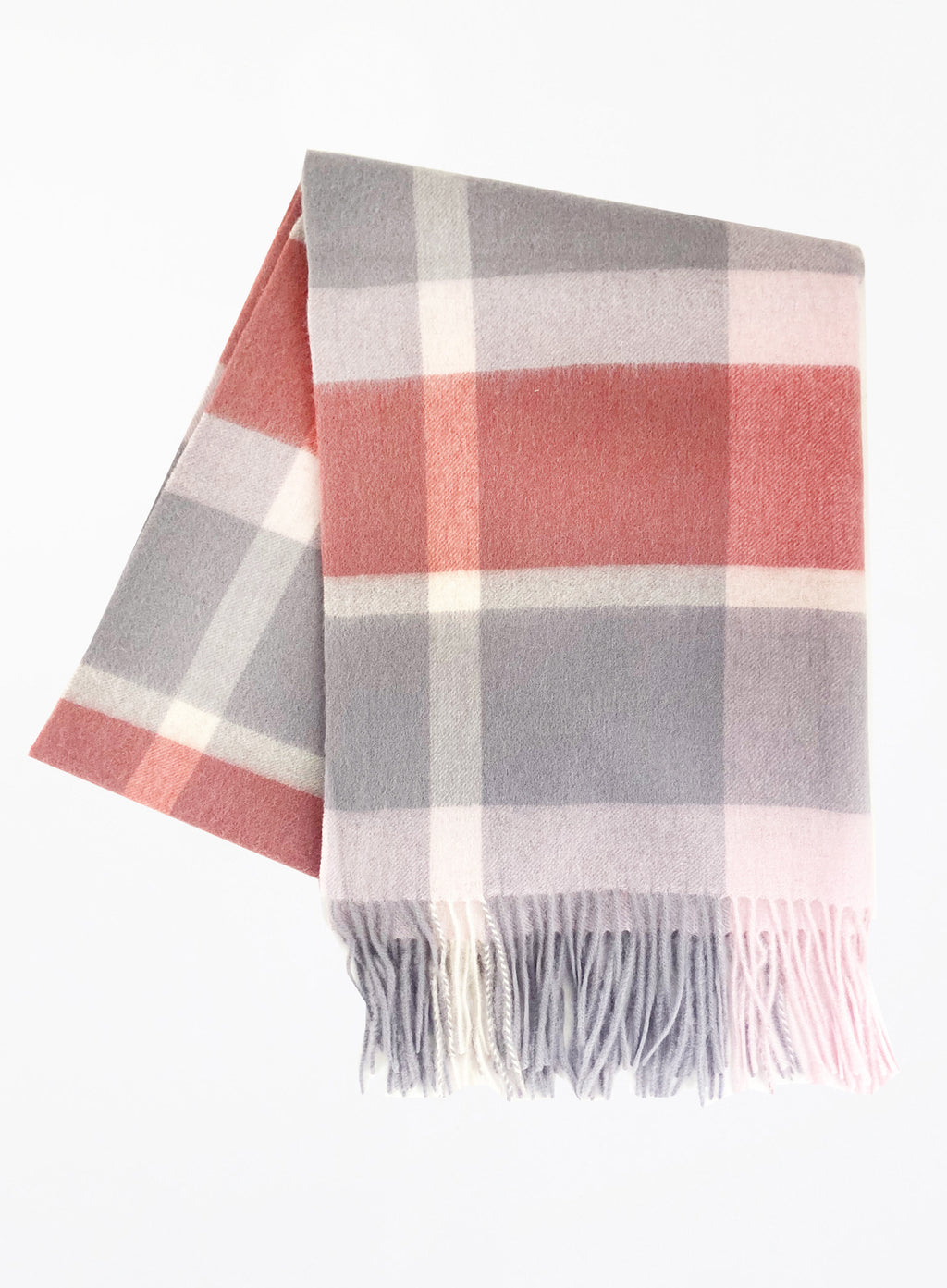 Pink Checked Fringed Wool Scarf
