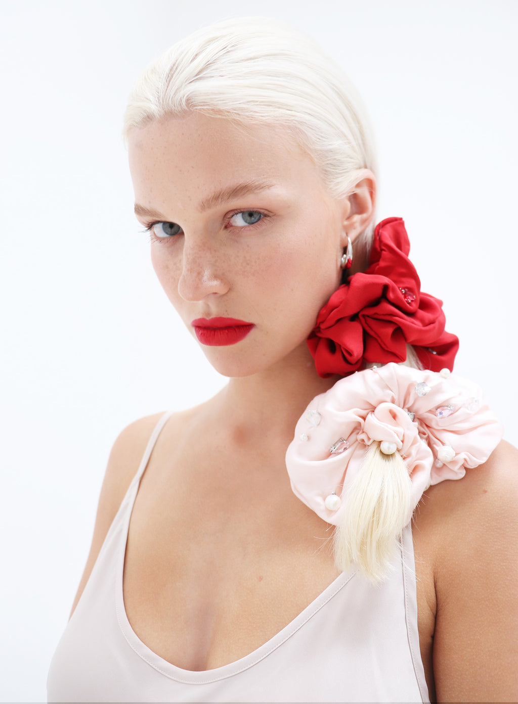 Red Rhinestone Embellished Oversized Silk Scrunchie
