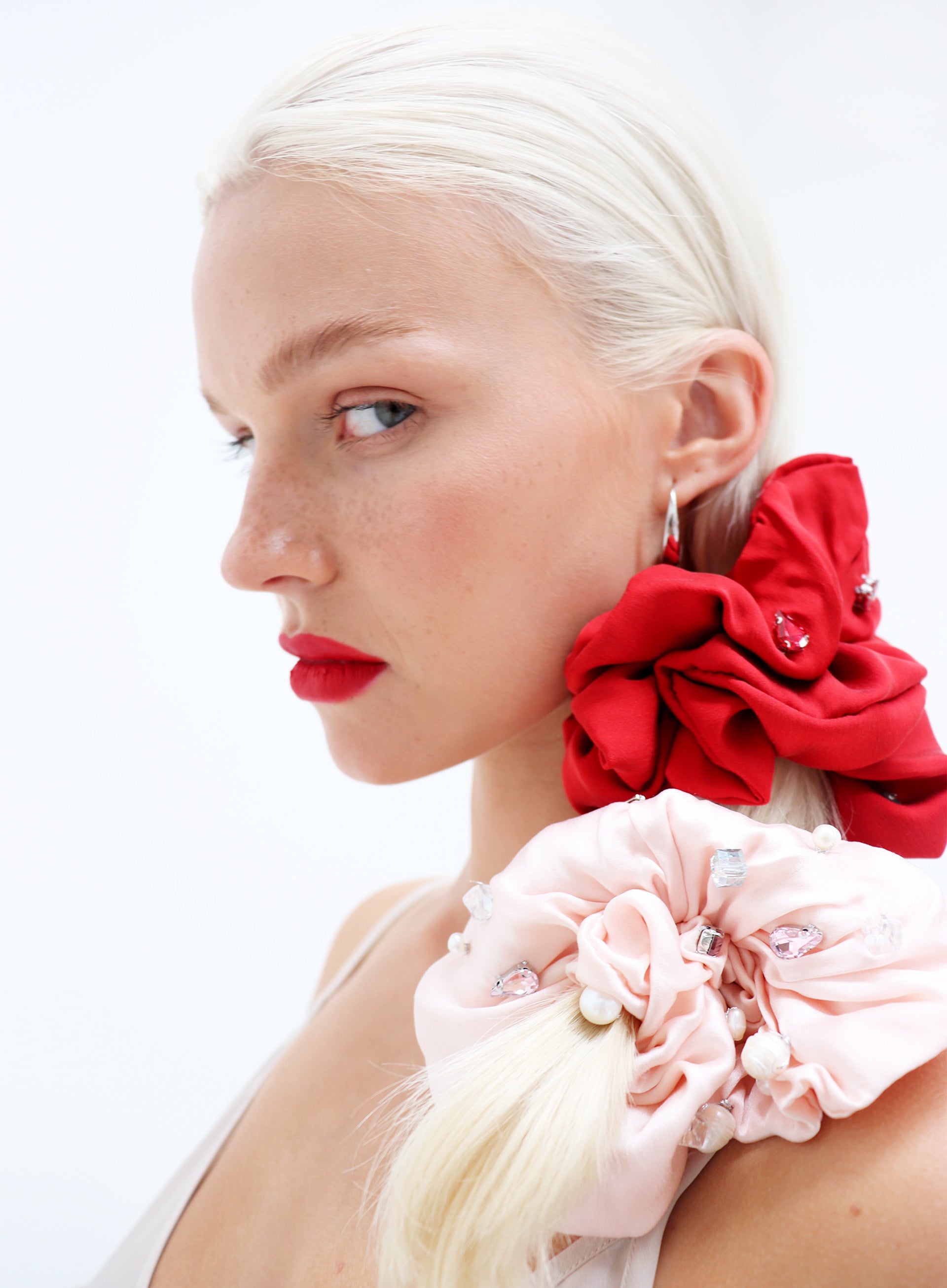 Red Rhinestone Embellished Oversized Silk Scrunchie