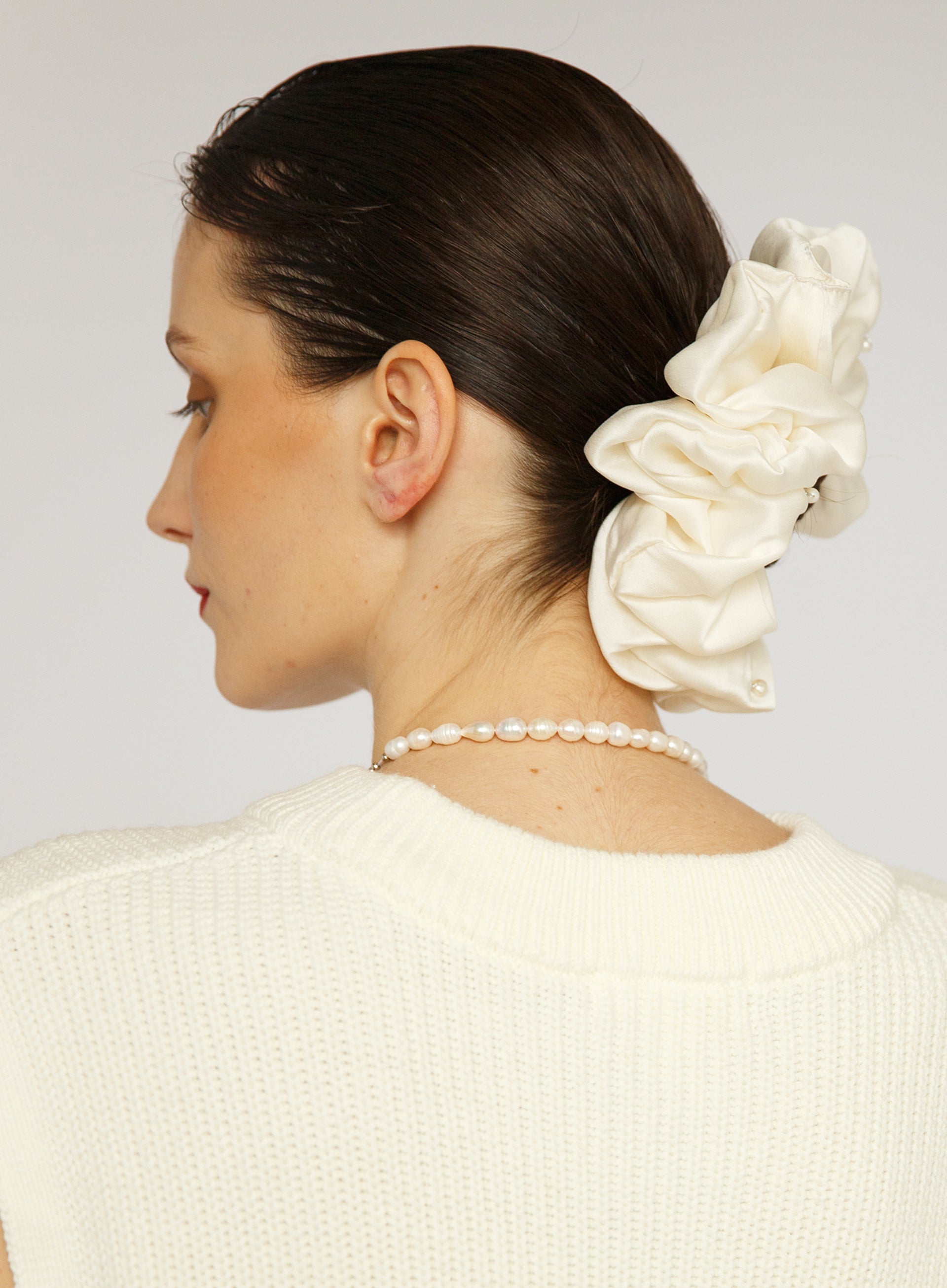 White Pearls Embellished Oversized Silk Scrunchie