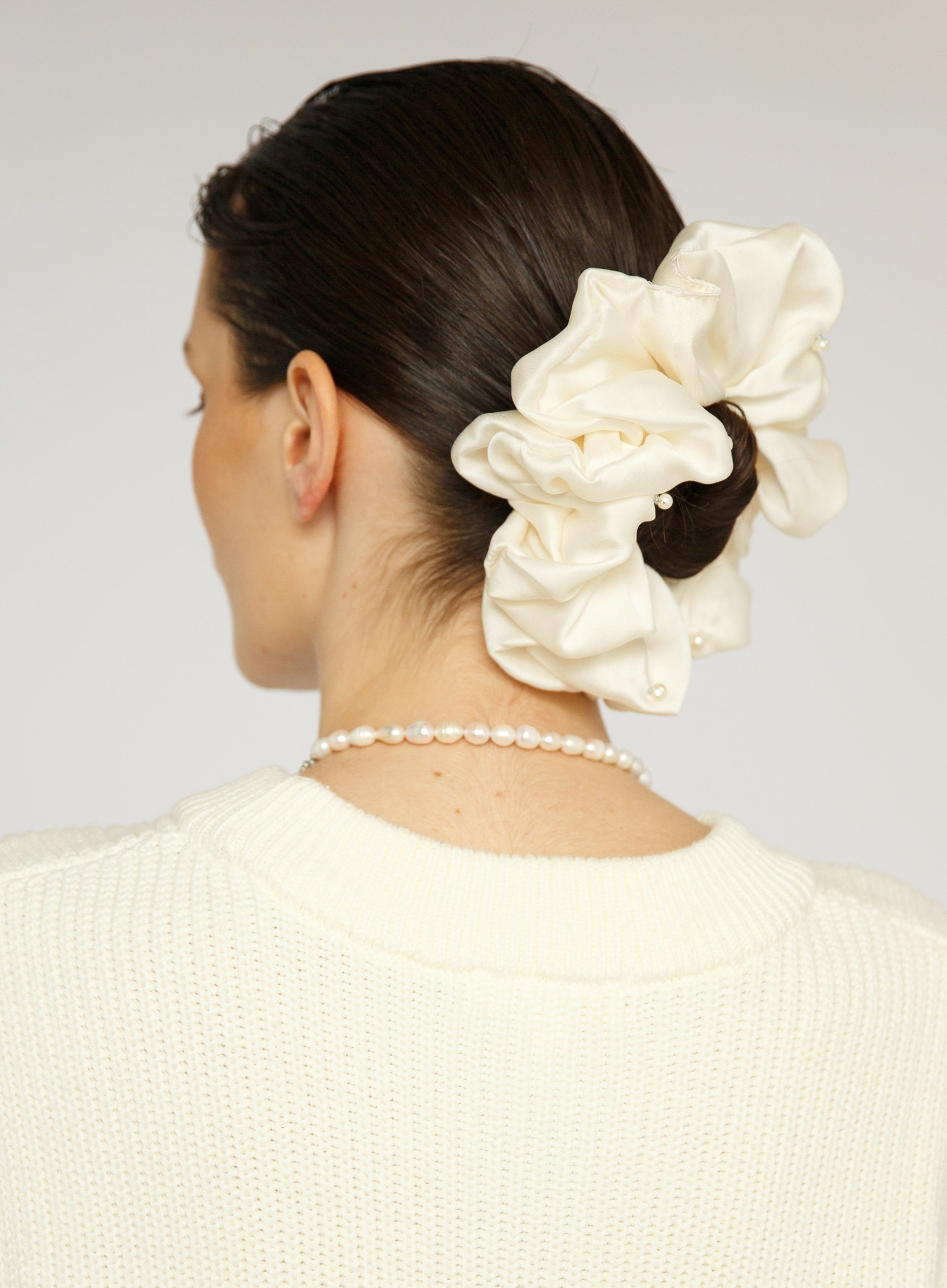 White Pearls Embellished Oversized Silk Scrunchie