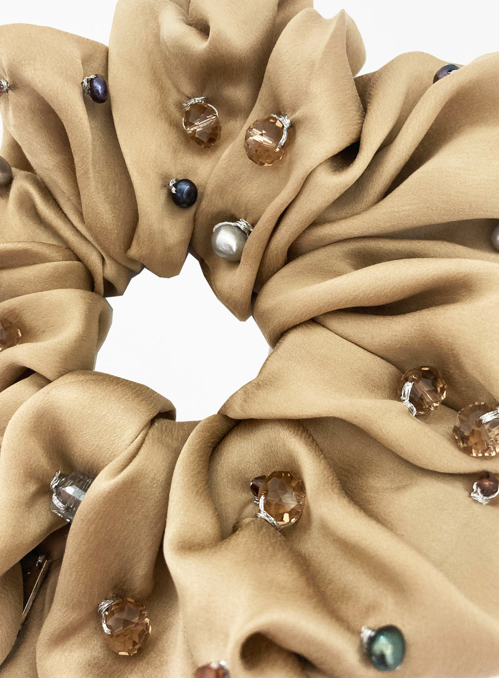 Beige Embellished Oversized Silk Scrunchie