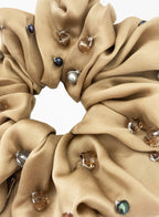 Beige Embellished Oversized Silk Scrunchie