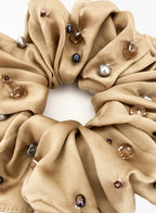 Beige Embellished Oversized Silk Scrunchie