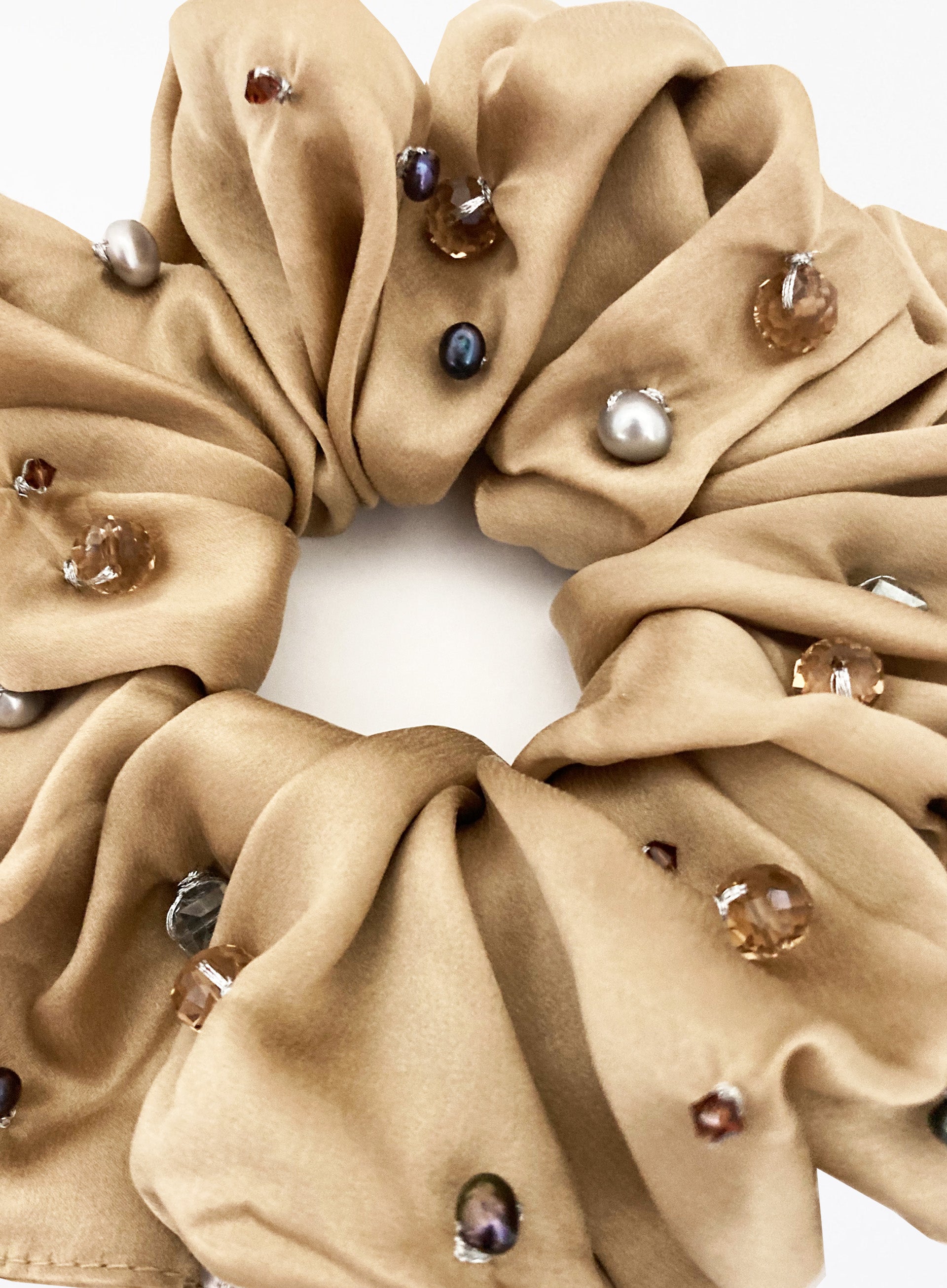 Beige Embellished Oversized Silk Scrunchie