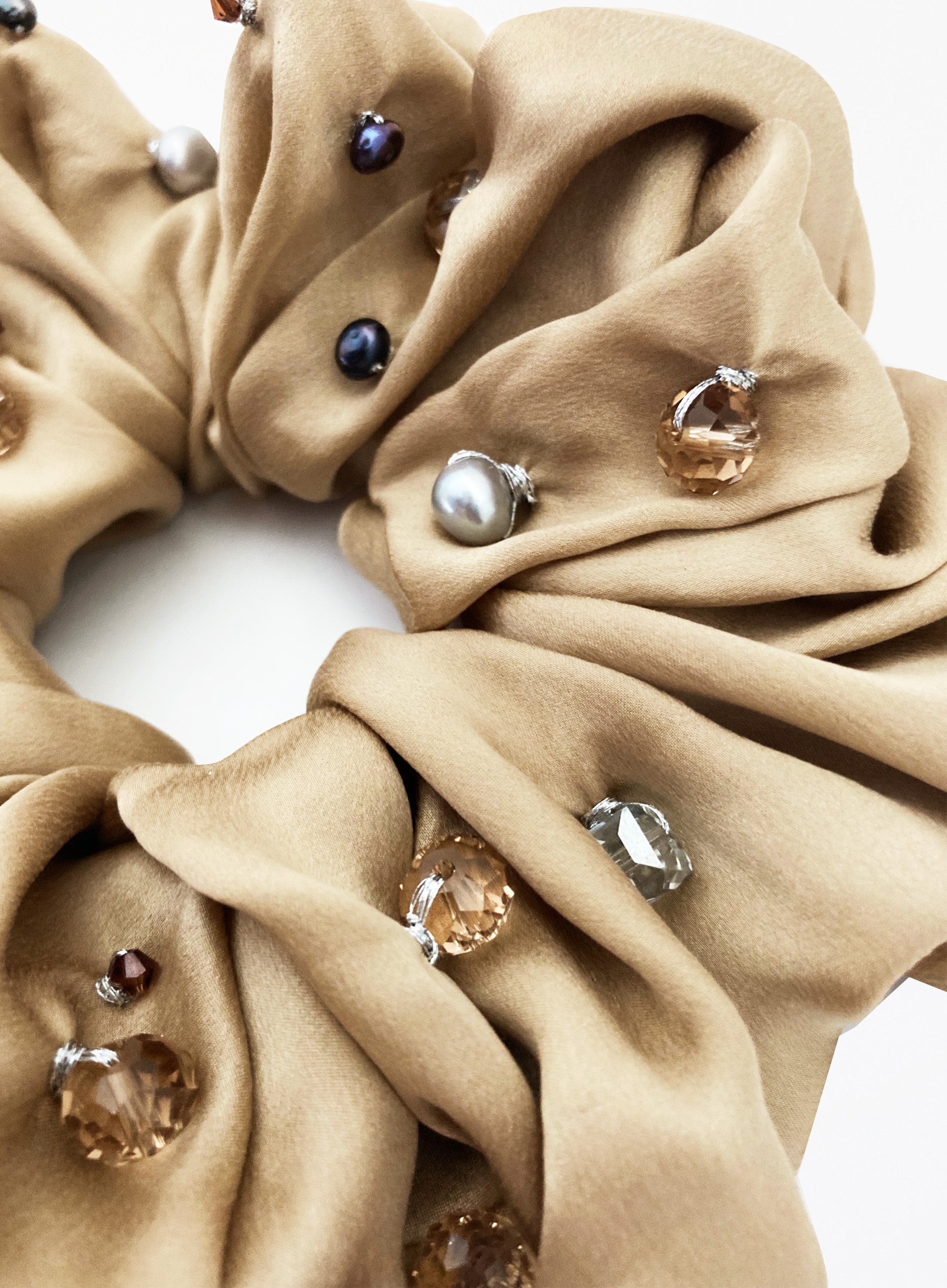 Beige Embellished Oversized Silk Scrunchie