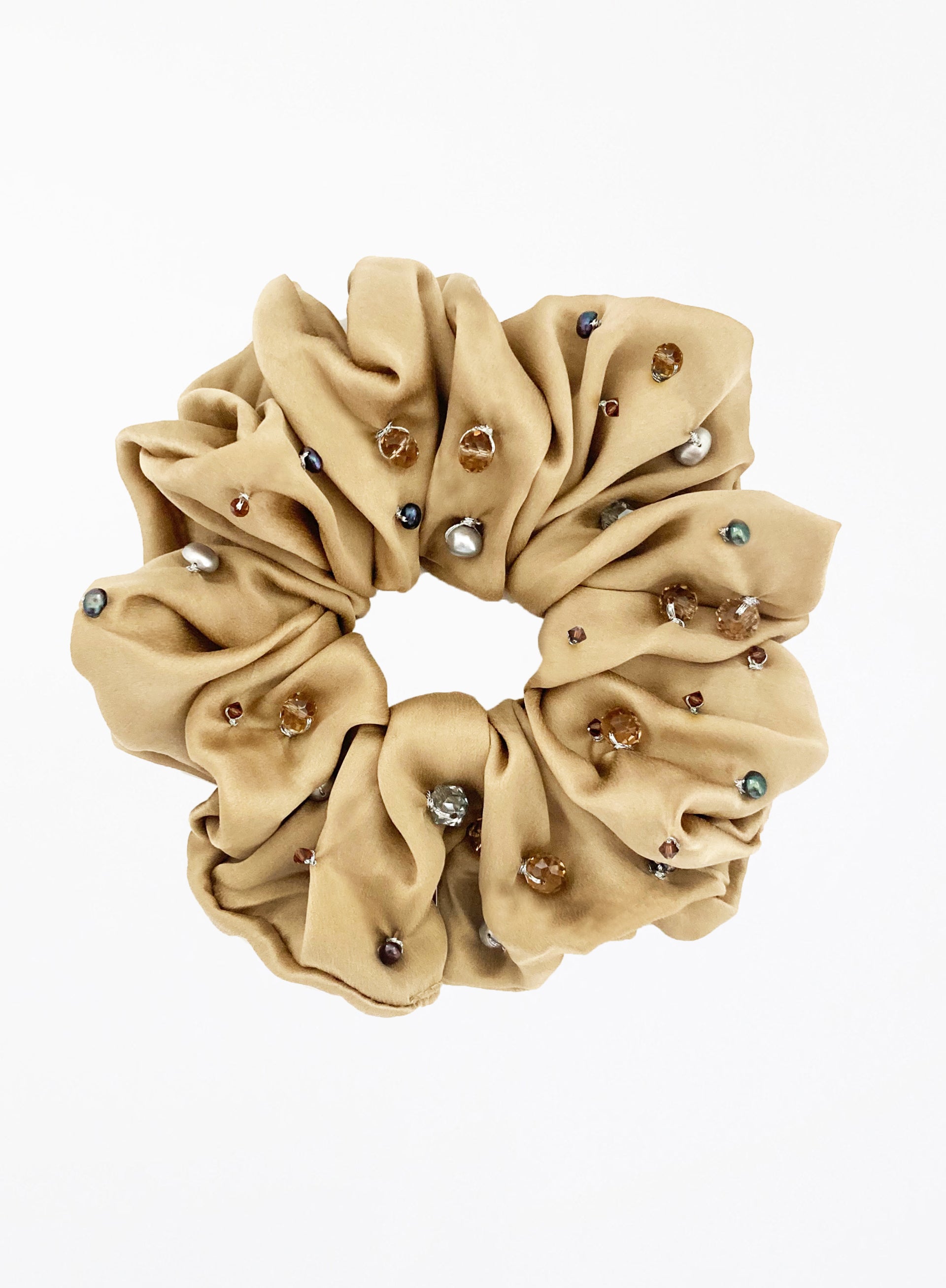 Beige Embellished Oversized Silk Scrunchie