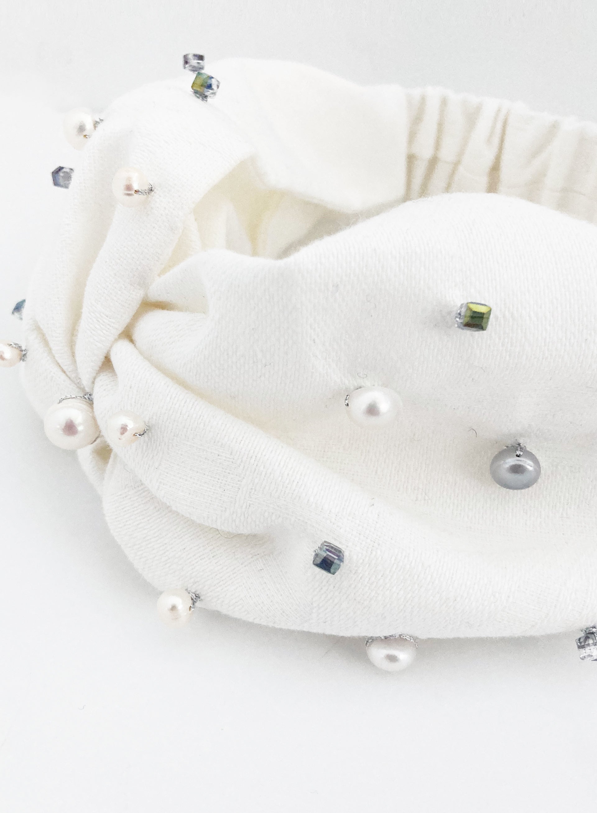 white pearl embellished linen headband headwrap 