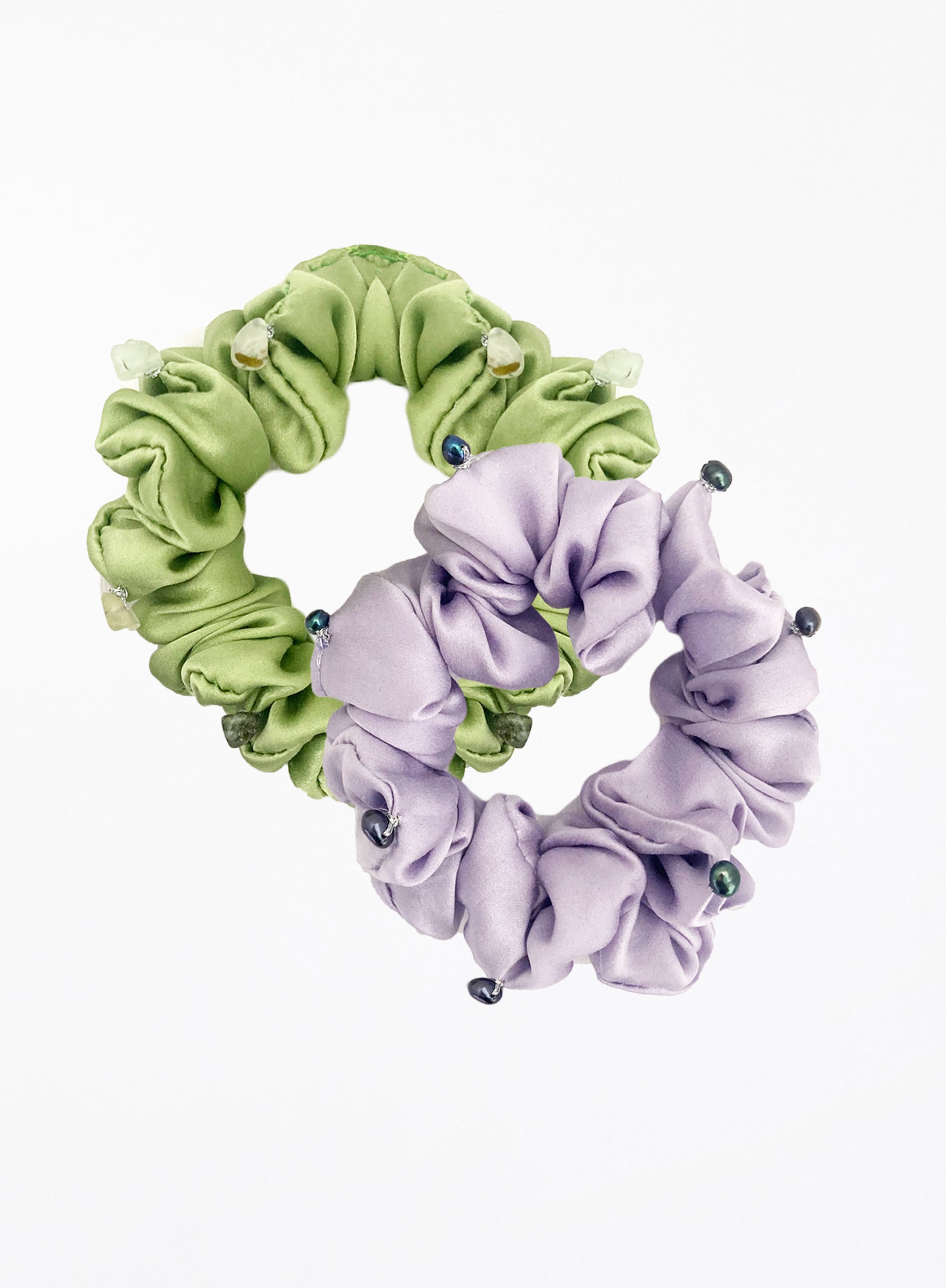 Green Purple Embellished Silk Scrunchie Set