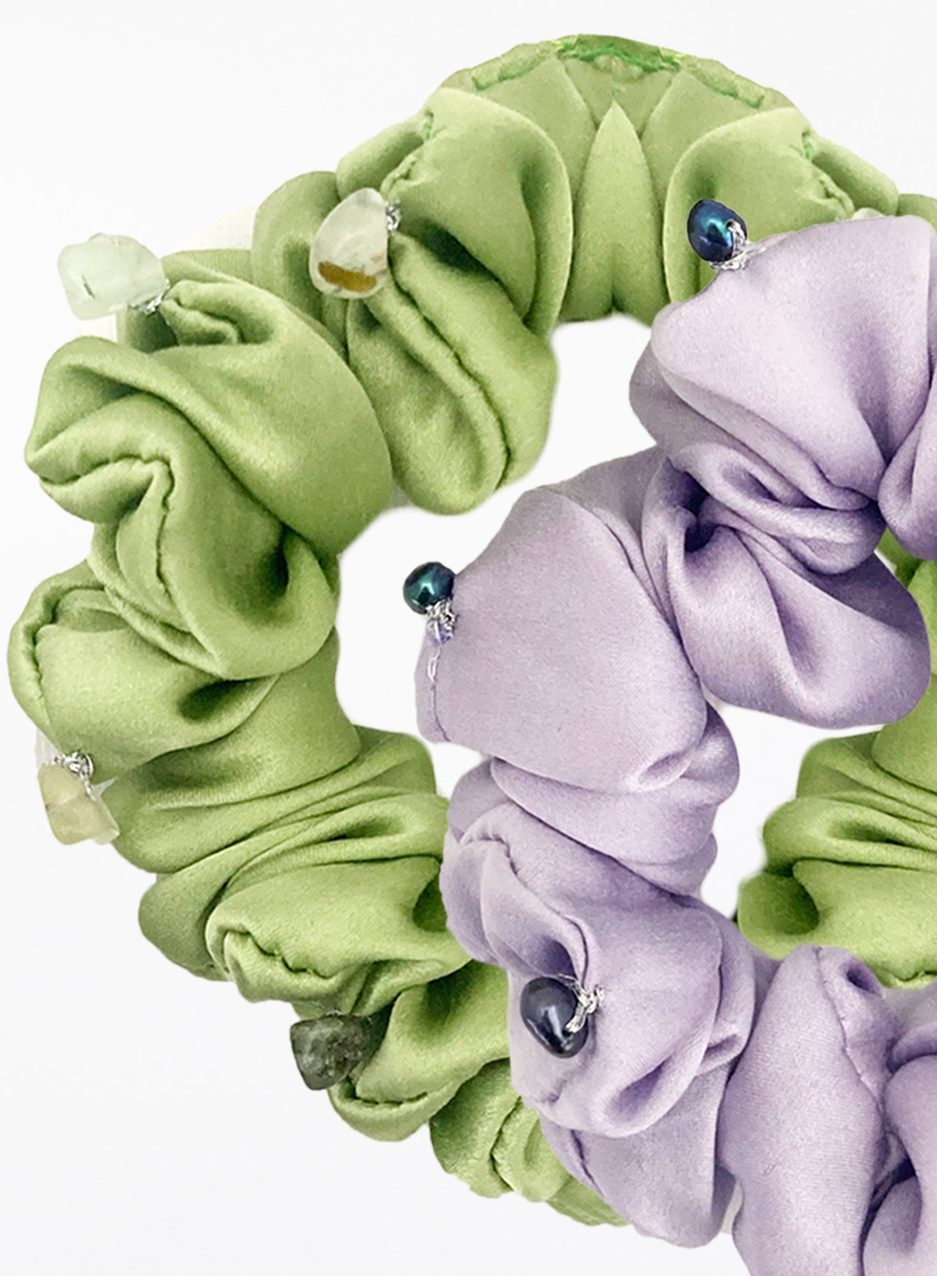 Green Purple Embellished Silk Scrunchie Set