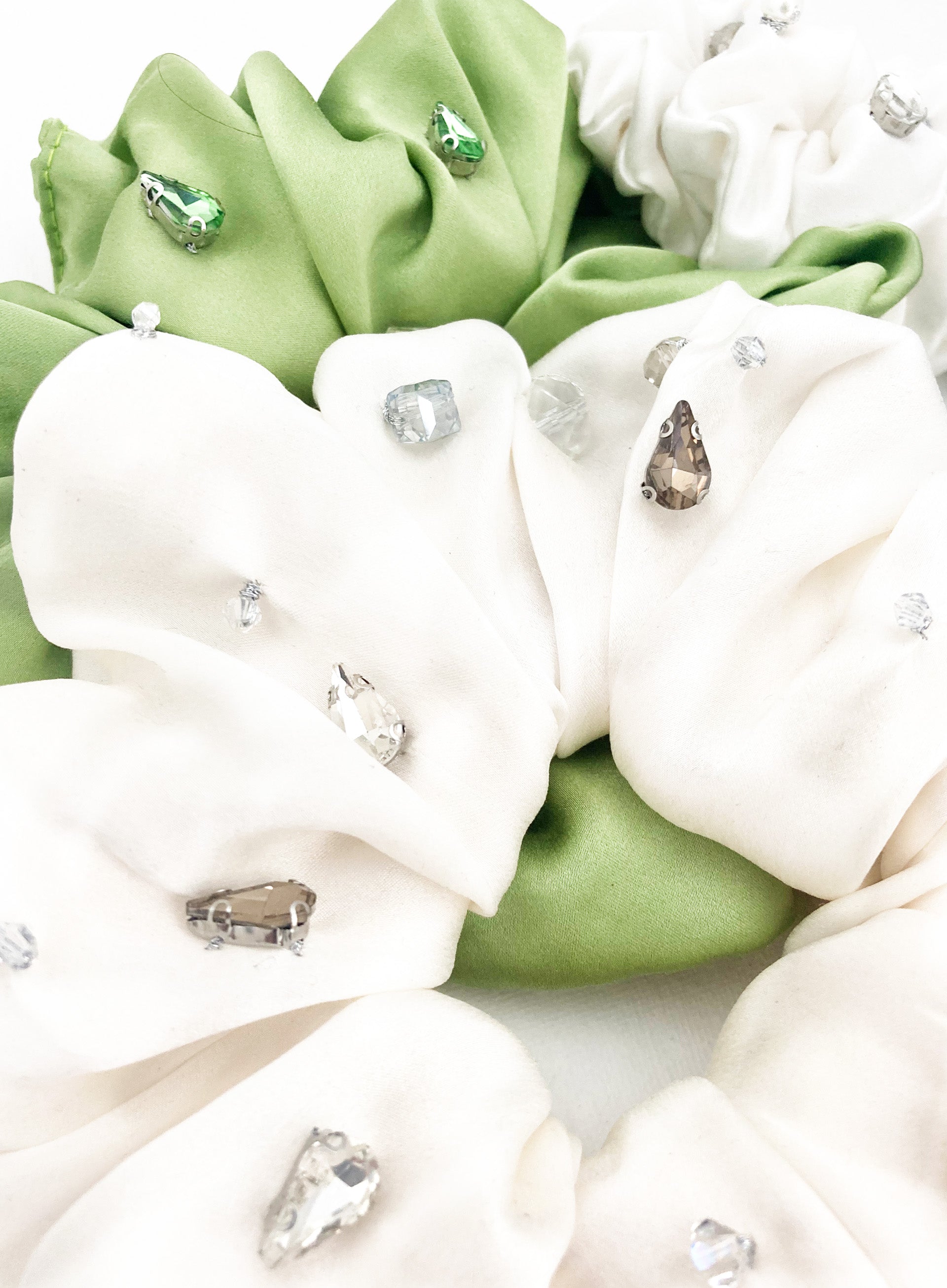 White Rhinestone Embellished Oversized Silk Scrunchie