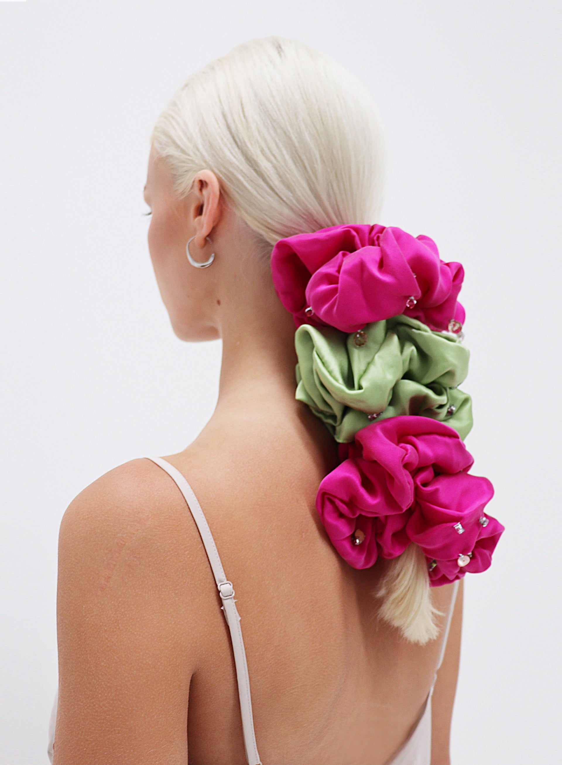 Green Rhinestone Embellished Oversized Silk Scrunchie