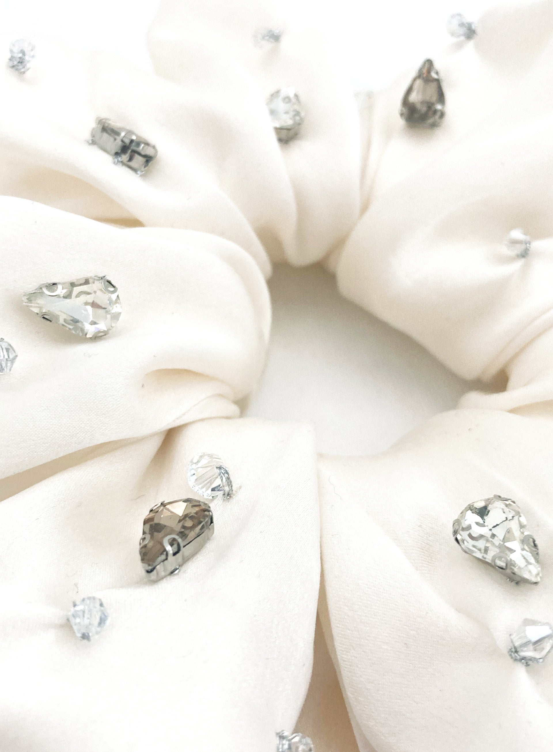 White Rhinestone Embellished Oversized Silk Scrunchie