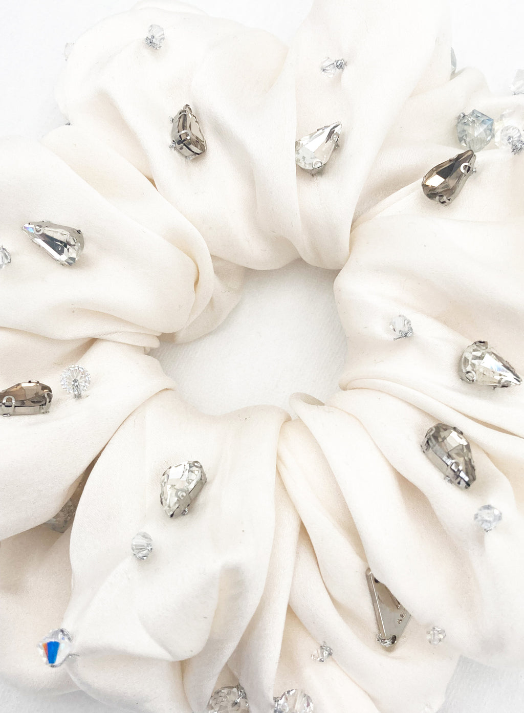 White Rhinestone Embellished Oversized Silk Scrunchie