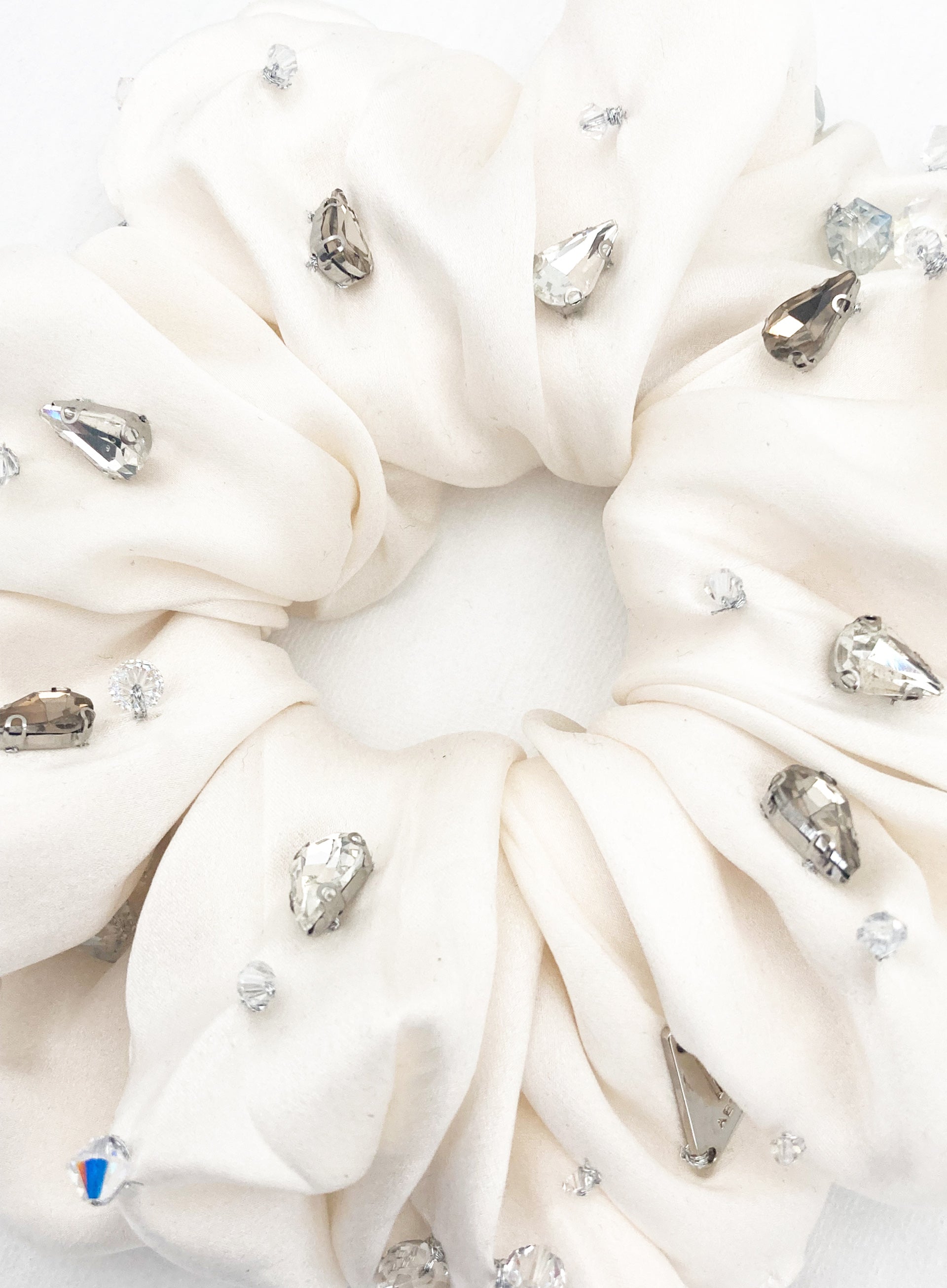 White Rhinestone Embellished Oversized Silk Scrunchie
