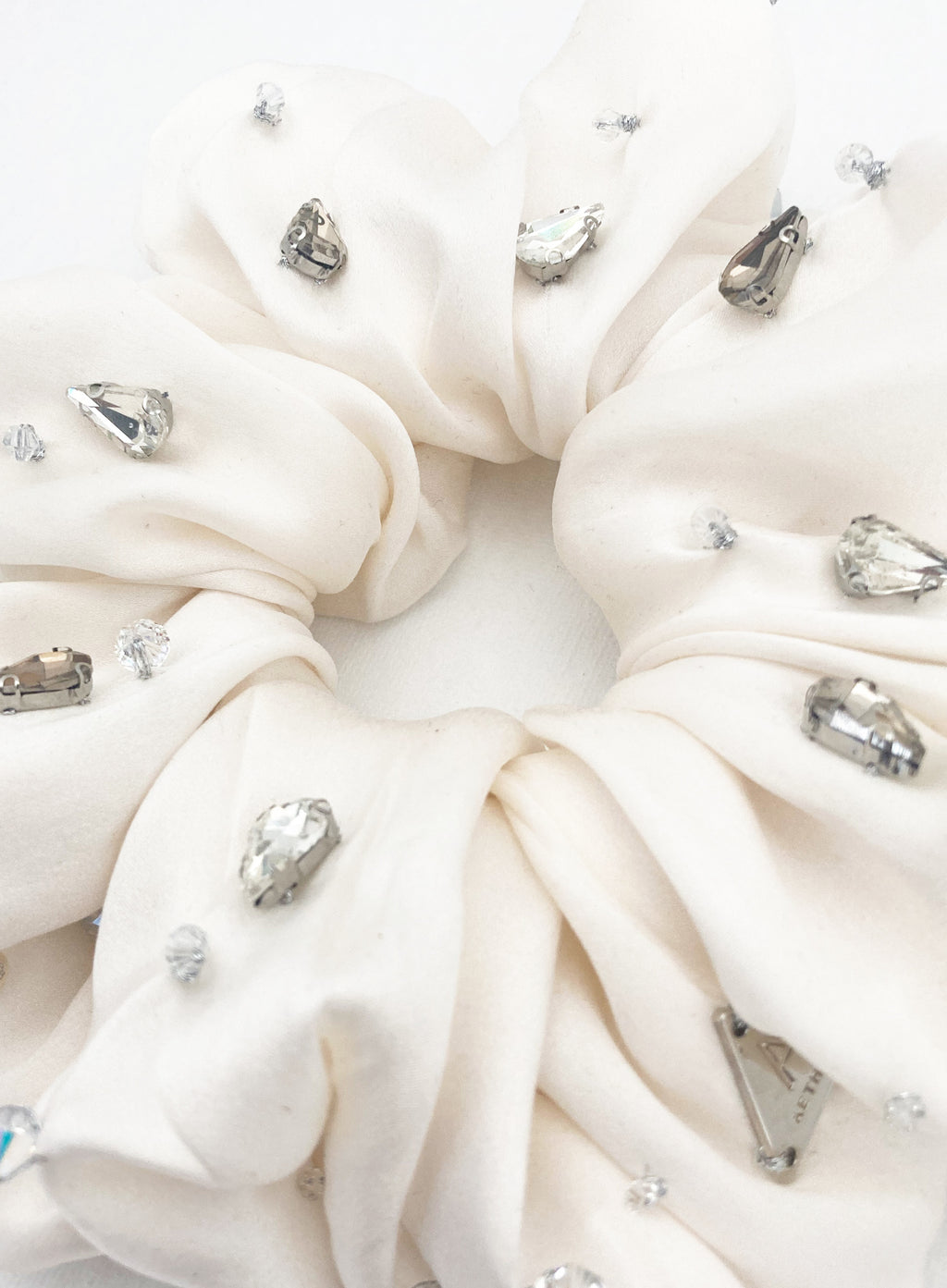 White Rhinestone Embellished Oversized Silk Scrunchie