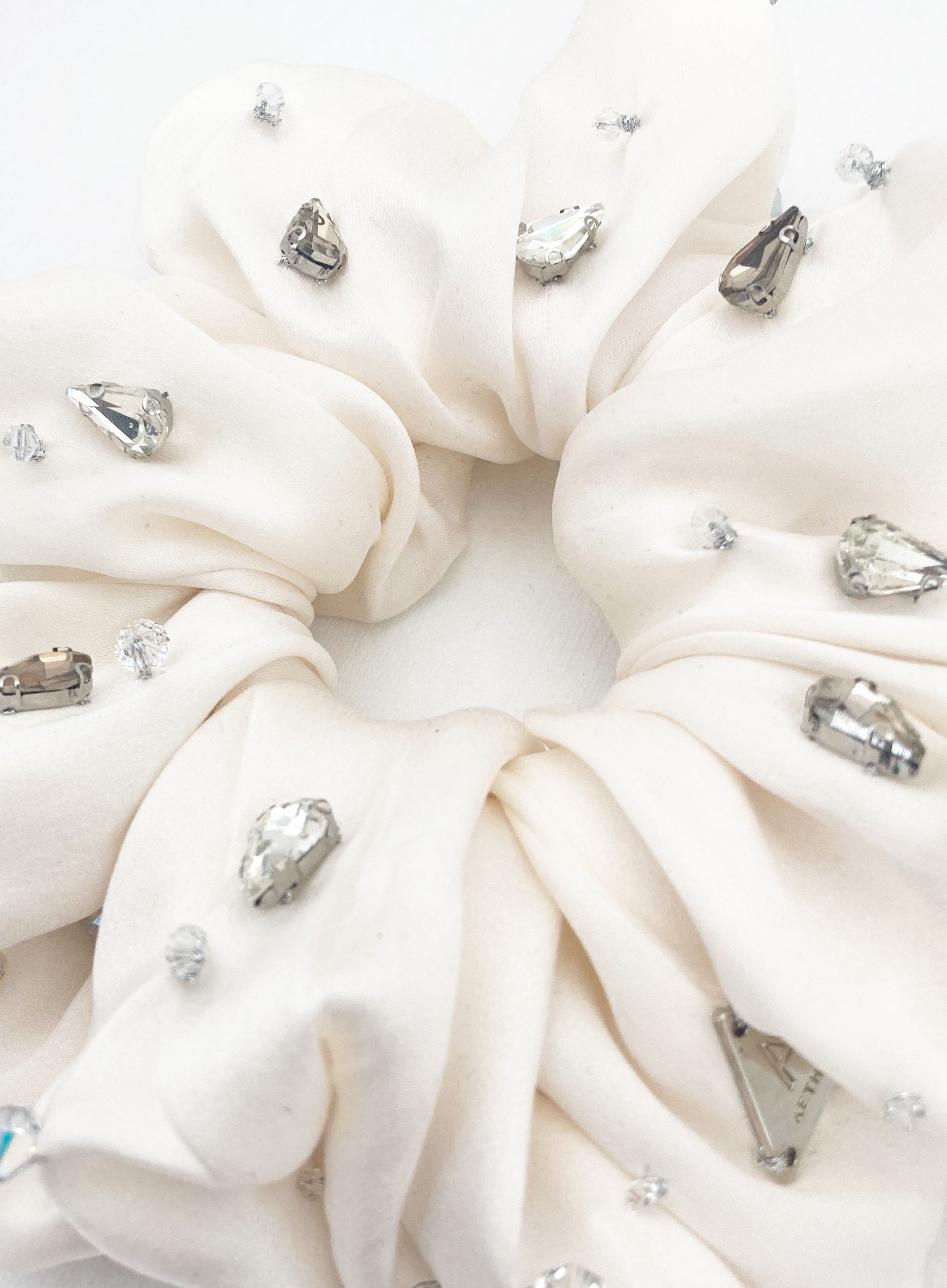 White Rhinestone Embellished Oversized Silk Scrunchie