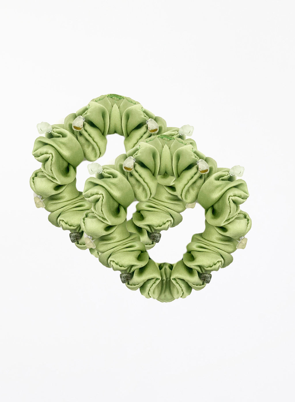 Green Embellished Silk Scrunchie Set