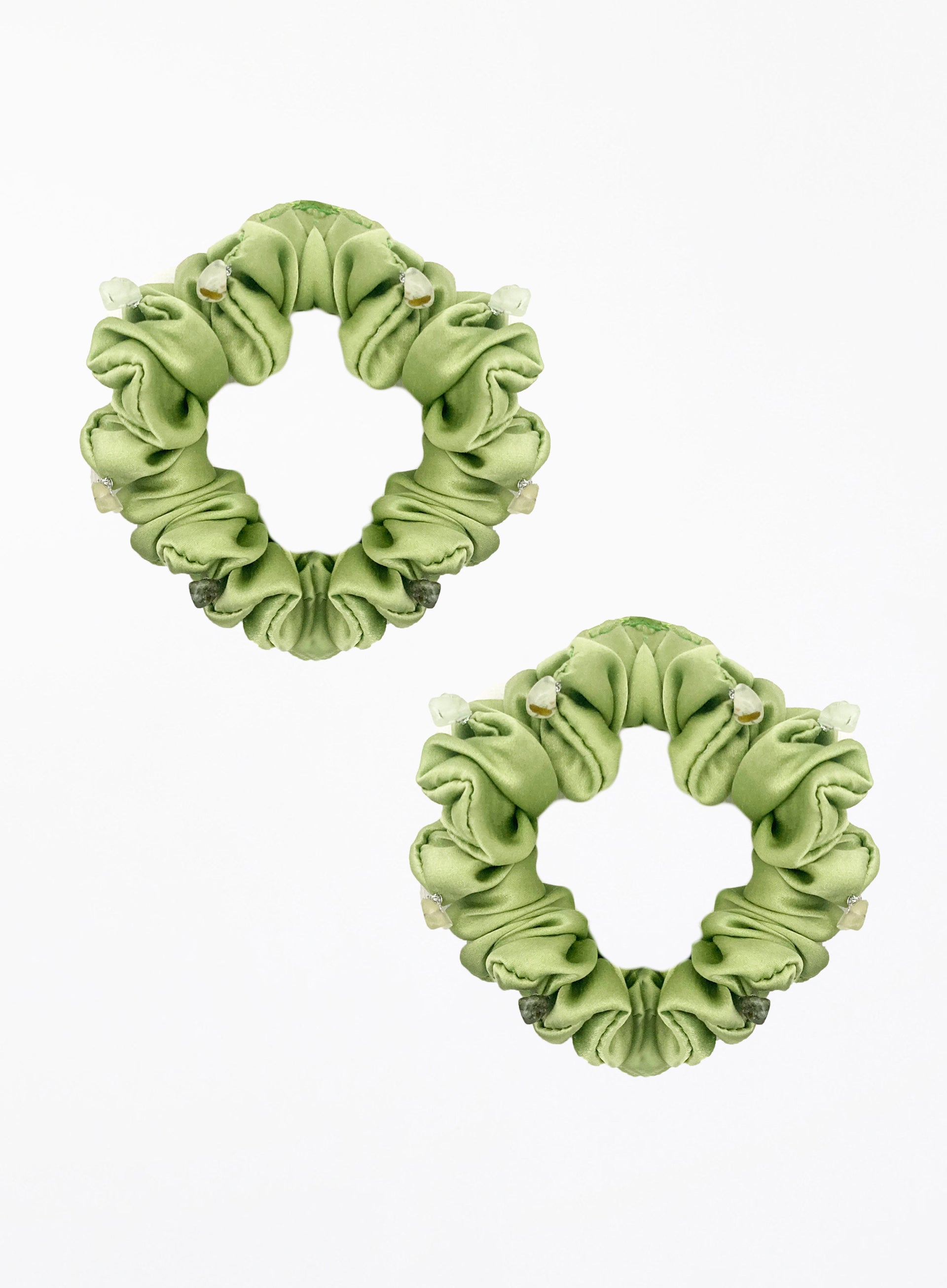 Green Embellished Silk Scrunchie Set