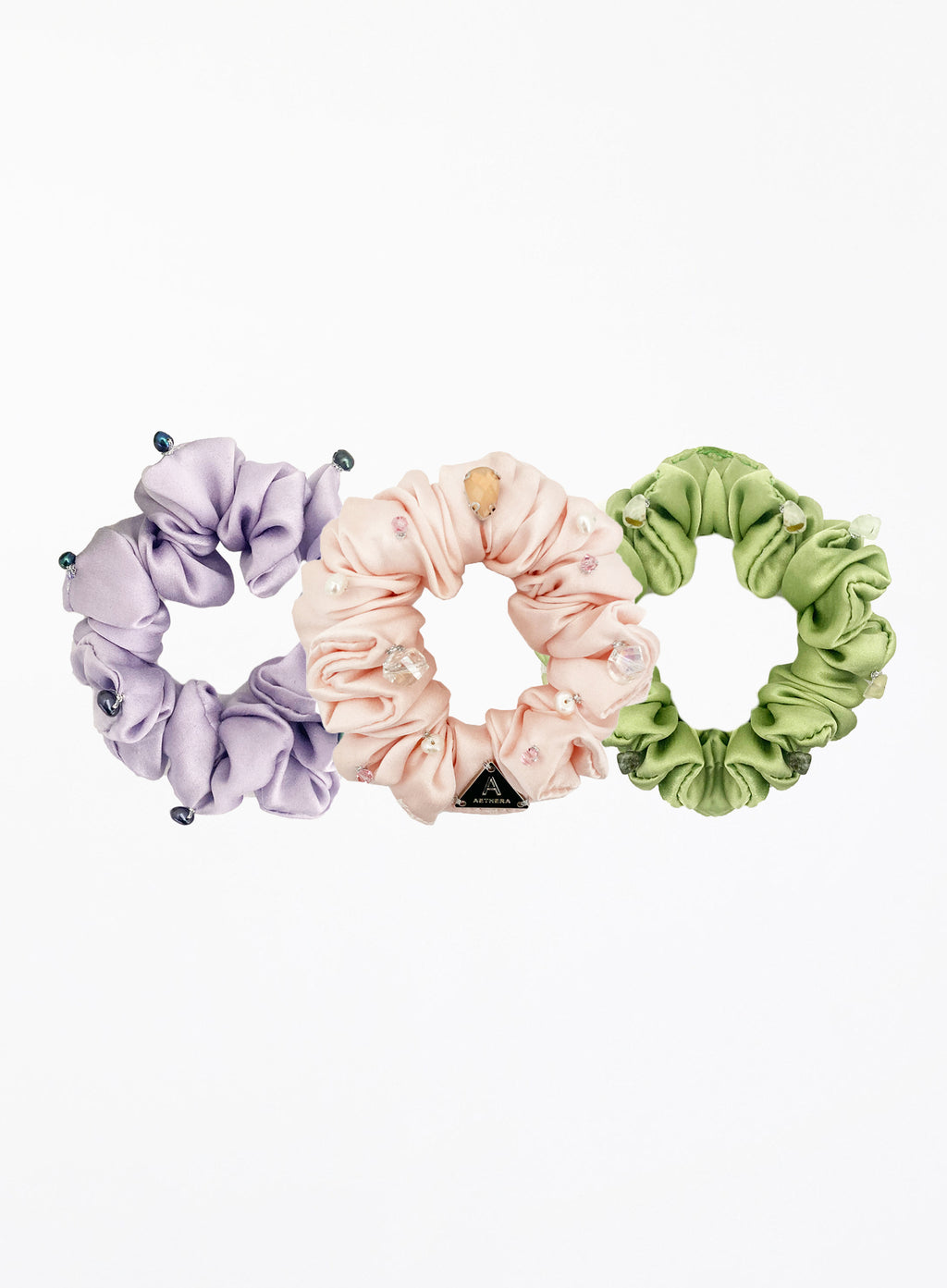 Purple Pink Green Embellished Silk Scrunchie Set