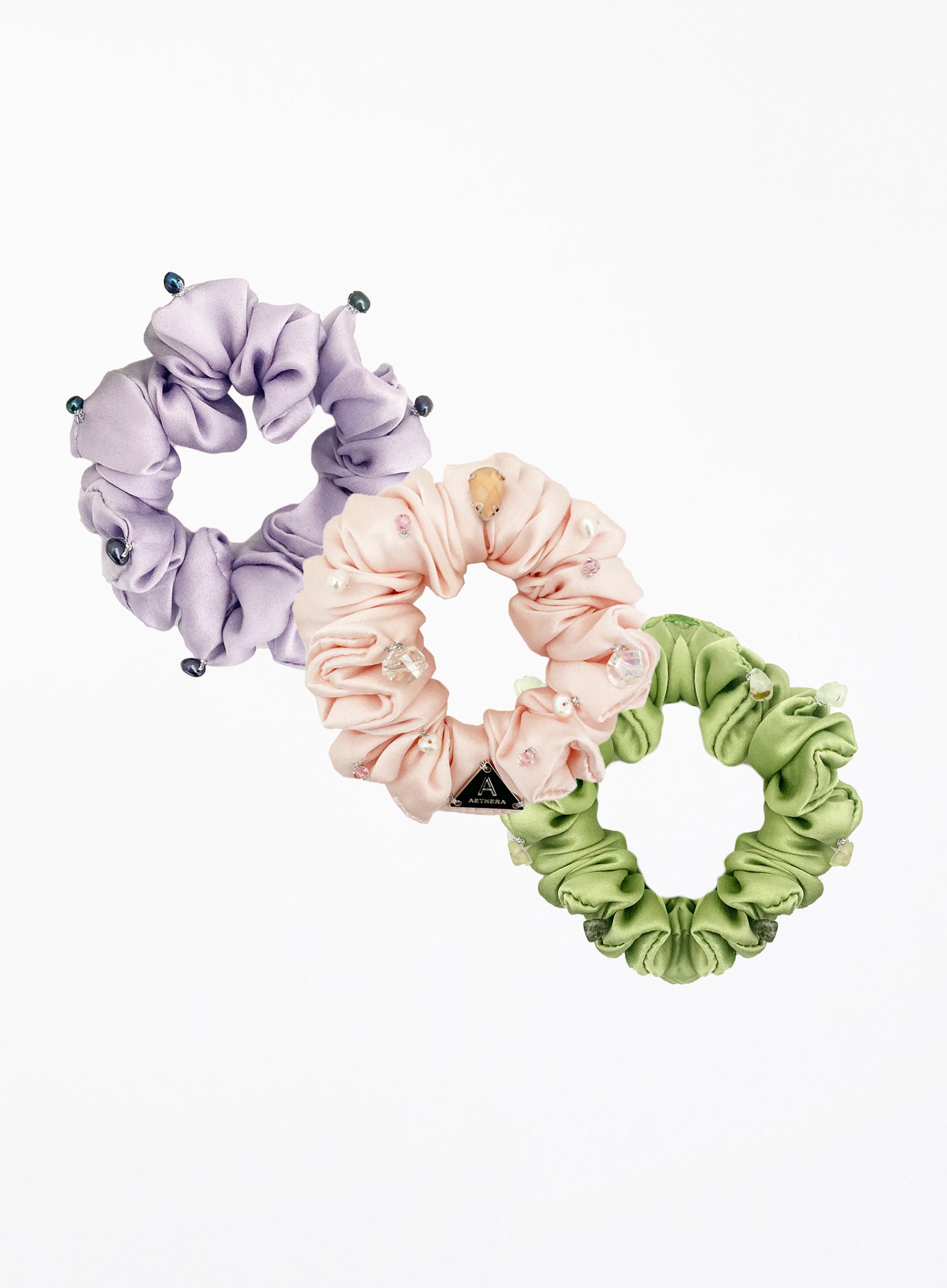 Purple Pink Green Embellished Silk Scrunchie Set