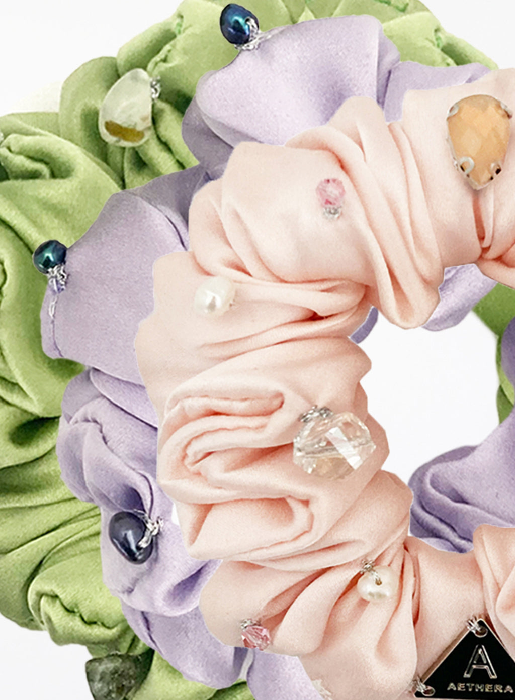 Purple Pink Green Embellished Silk Scrunchie Set