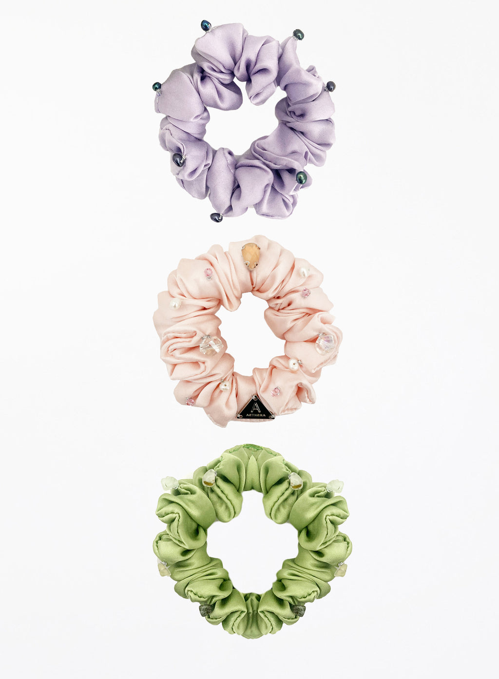 Purple Pink Green Embellished Silk Scrunchie Set