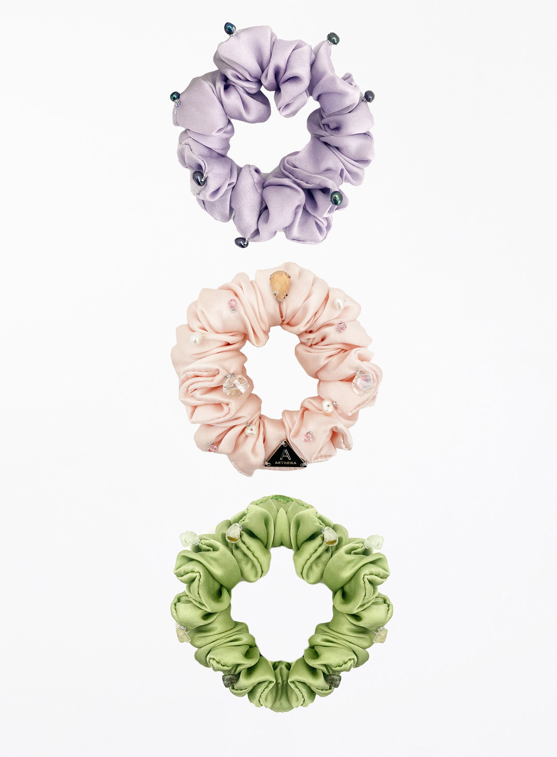 Purple Pink Green Embellished Silk Scrunchie Set
