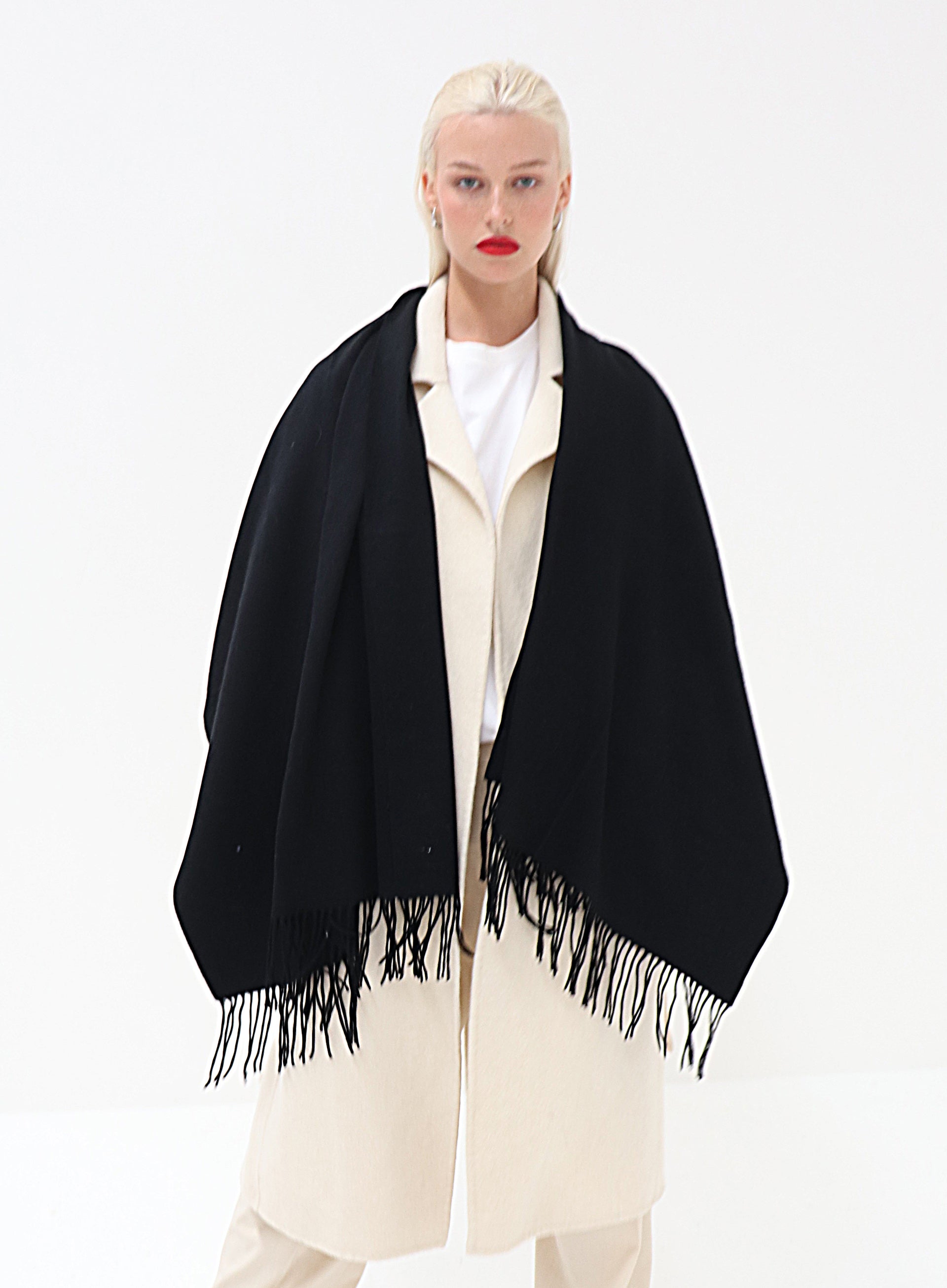 Black Fringed Wool Lambswool Scarf