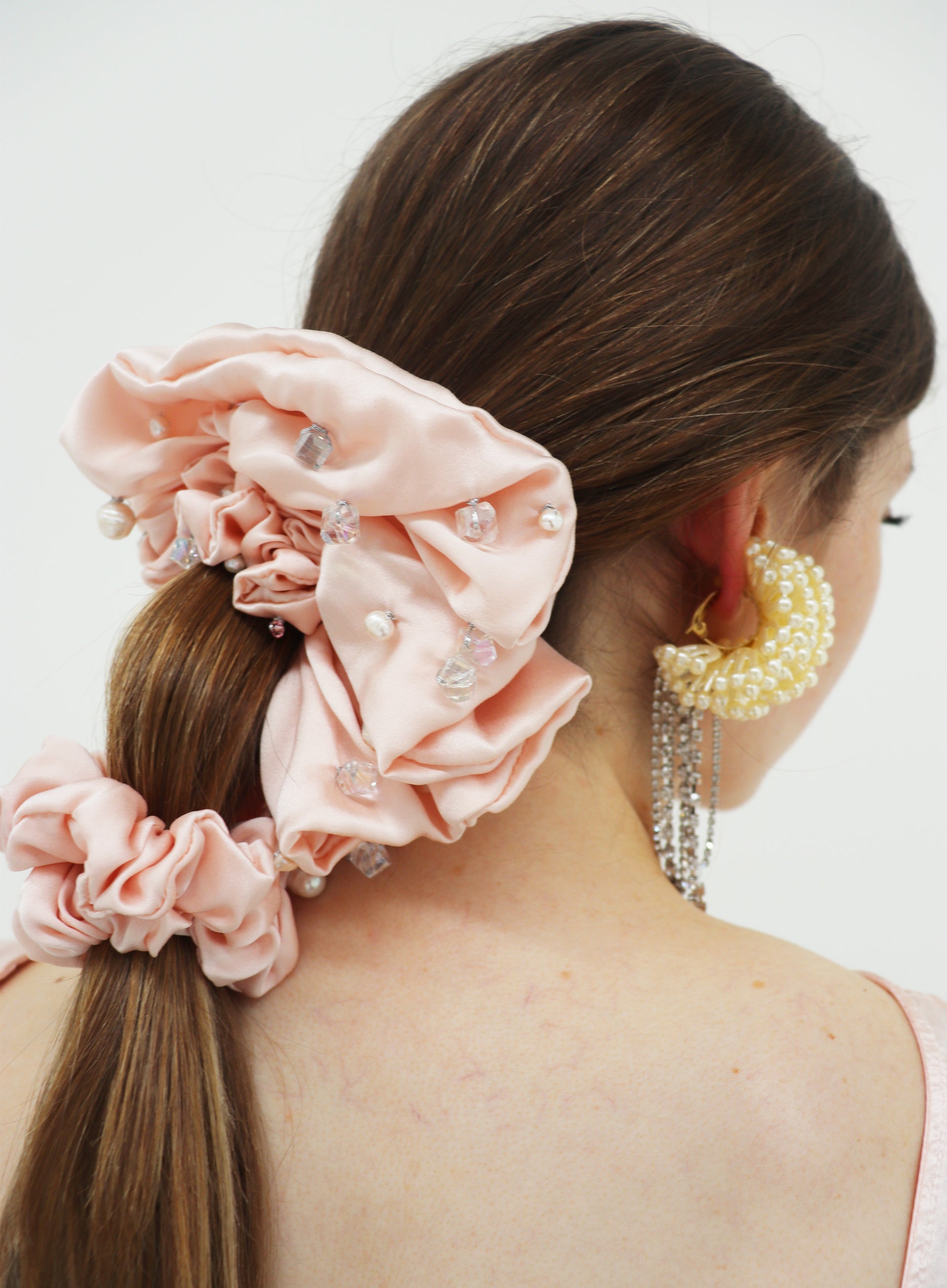 Pink Pearls Embellished Oversized Silk Scrunchie