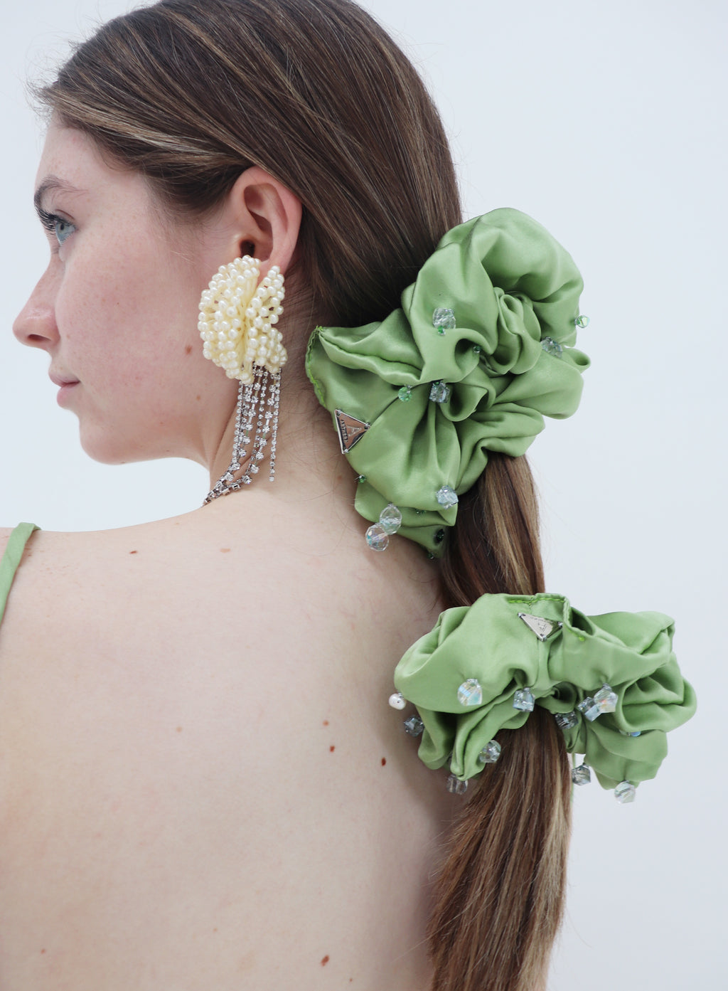 Green Embellished Oversized Silk Scrunchie 