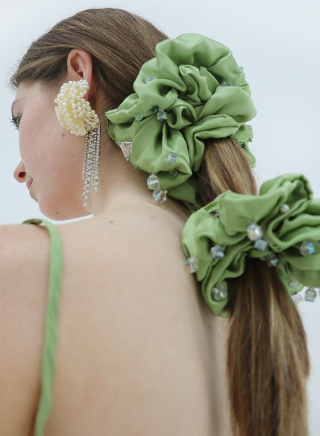 Green Embellished Oversized Silk Scrunchie