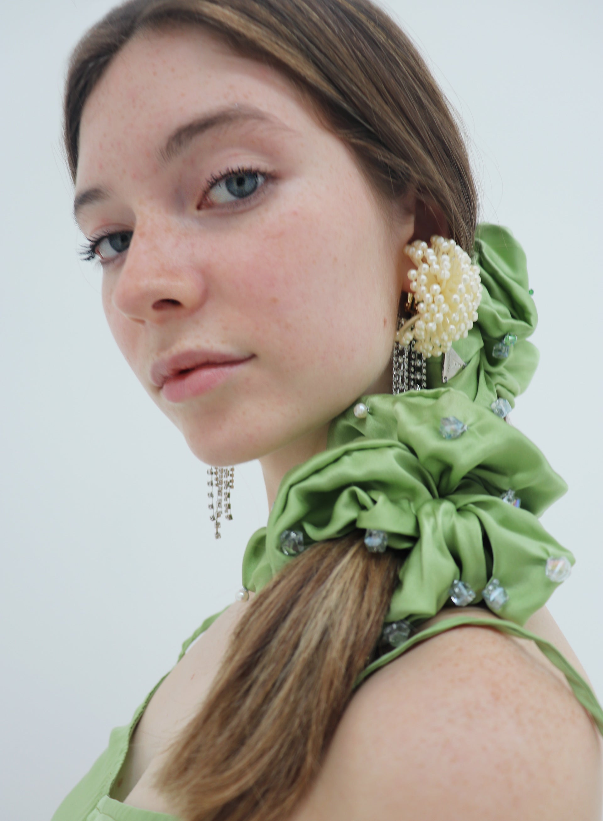 Green Embellished Oversized Silk Scrunchie