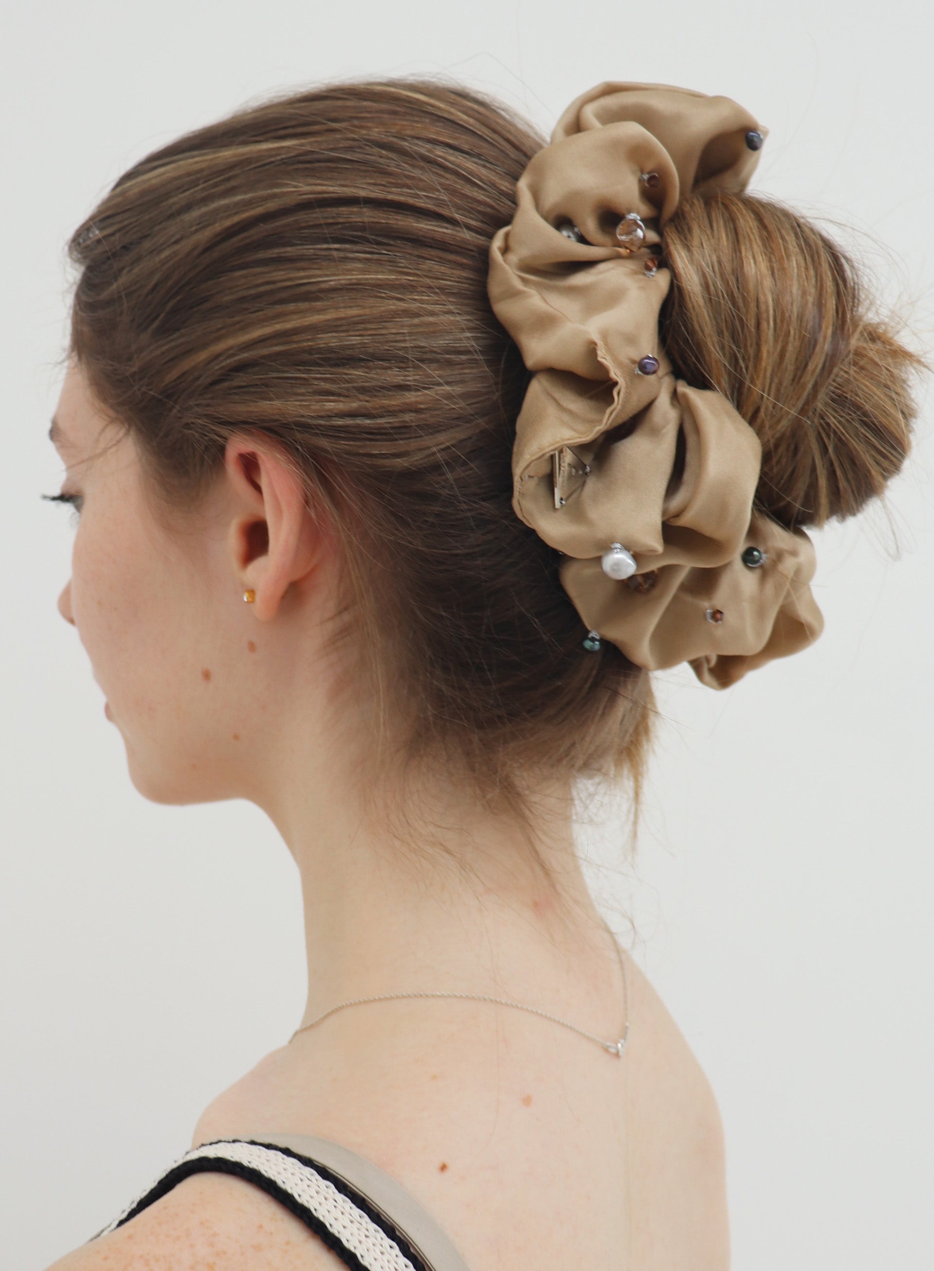 Beige Embellished Oversized Silk Scrunchie