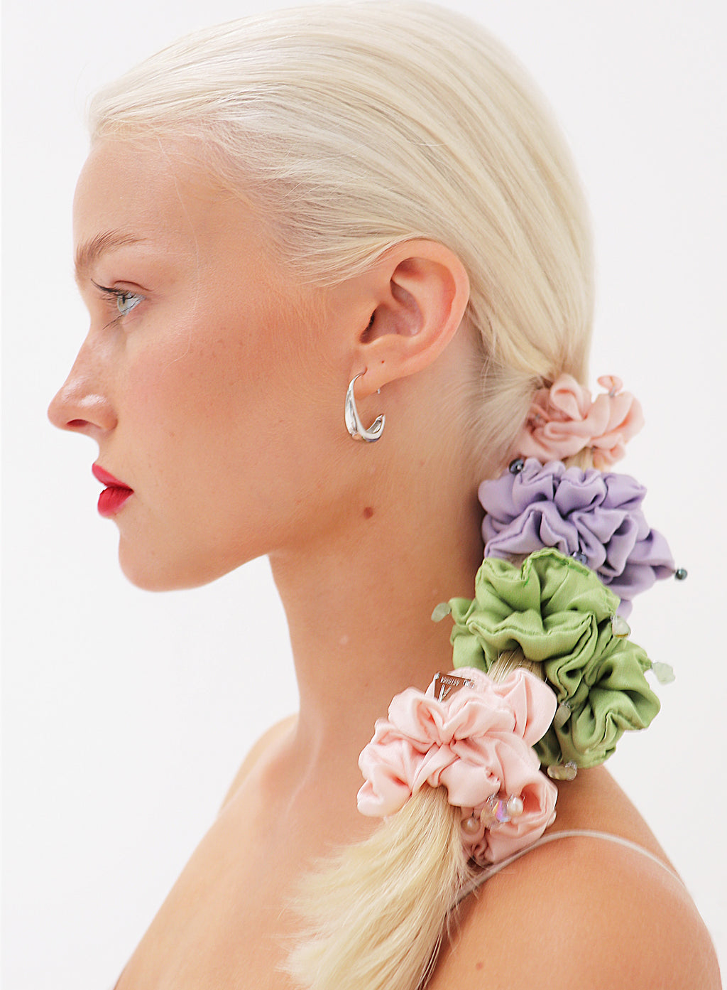 Purple Pink Green Embellished Silk Scrunchie Set