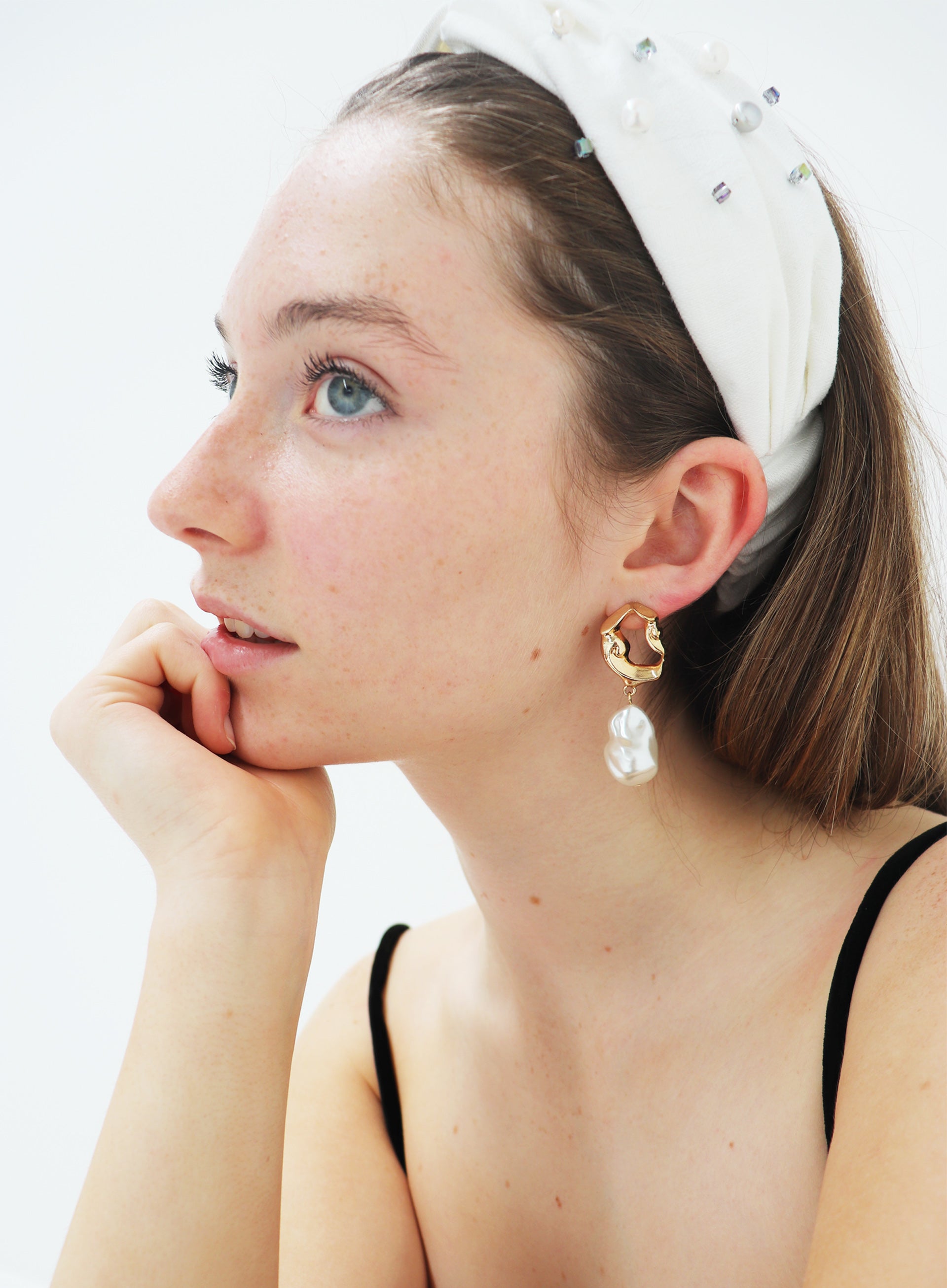 white pearl embellished linen headband headwrap 