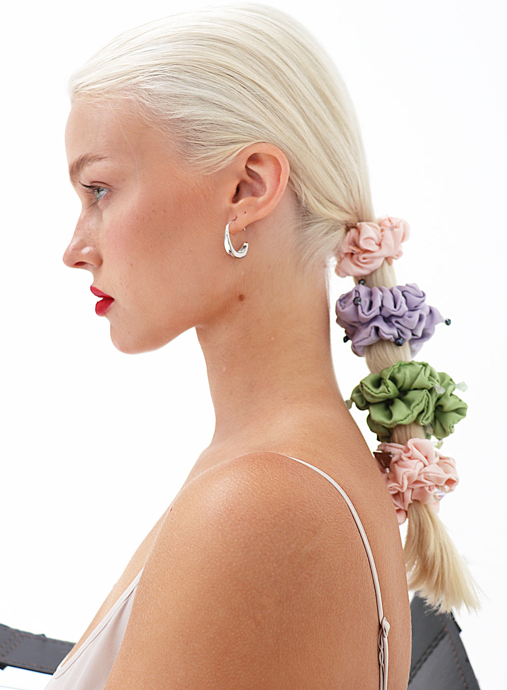 Purple Pink Green Embellished Silk Scrunchie Set