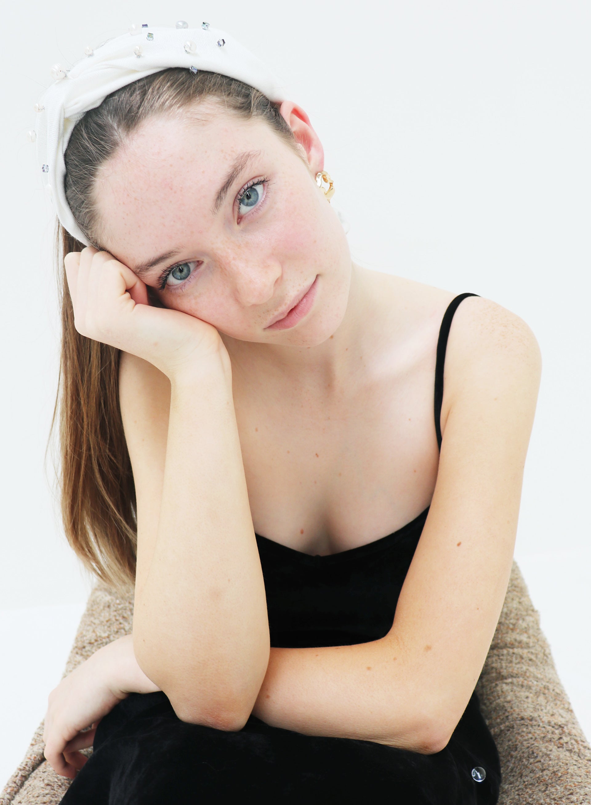 white pearl embellished linen headband headwrap 