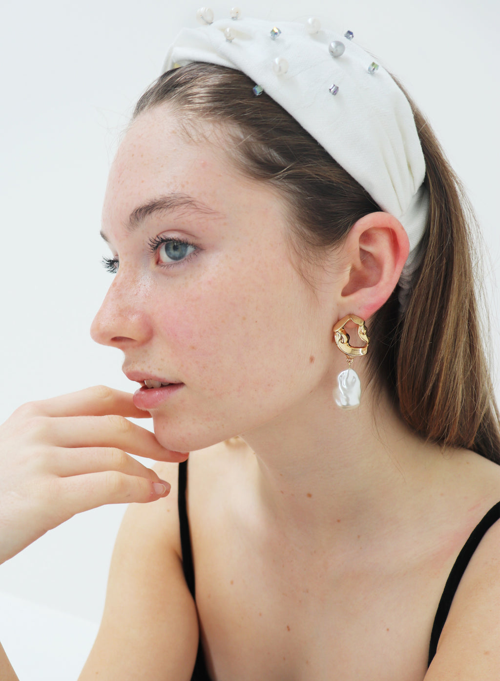 white pearl embellished linen headband headwrap 